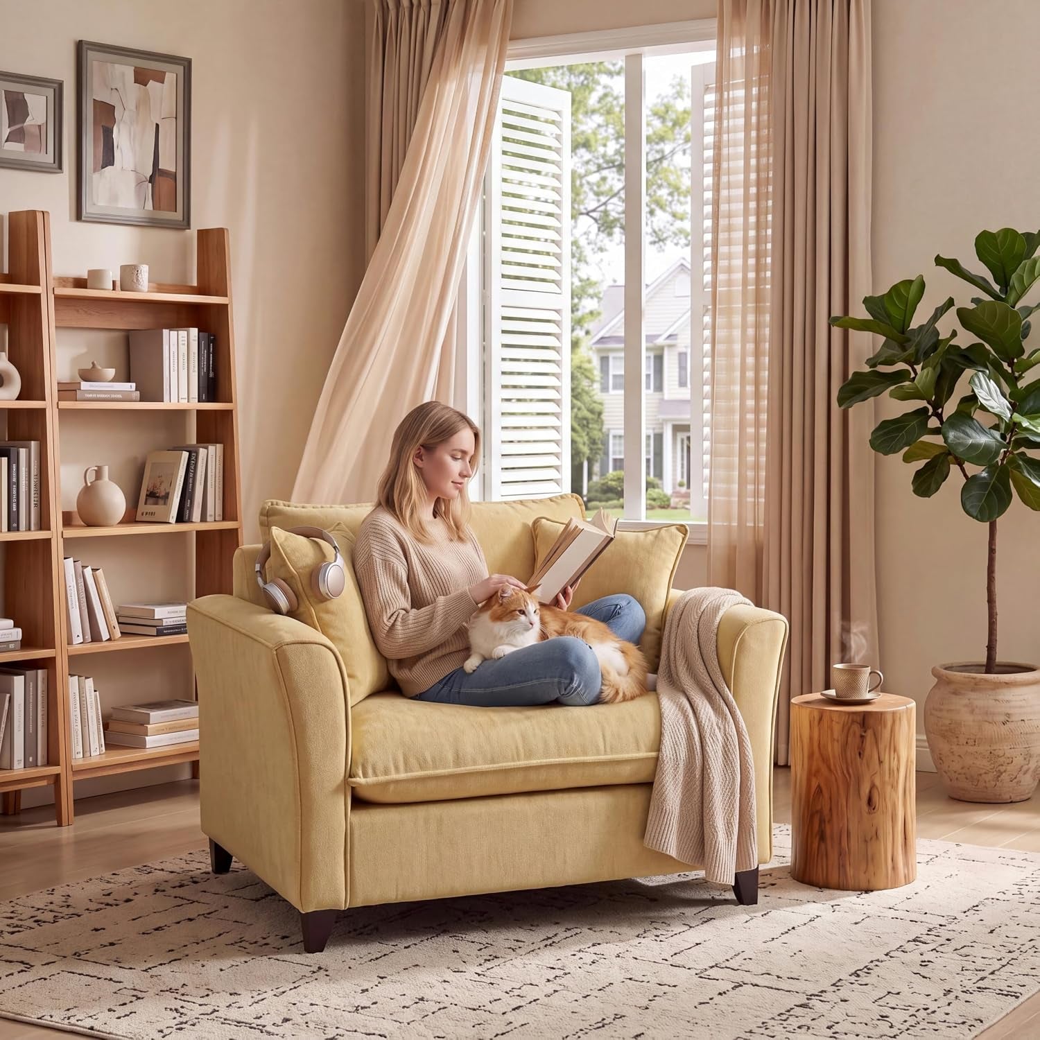 Mustard-yellow oversized chair in a sunlit room with a woman reading and a cat on her lap