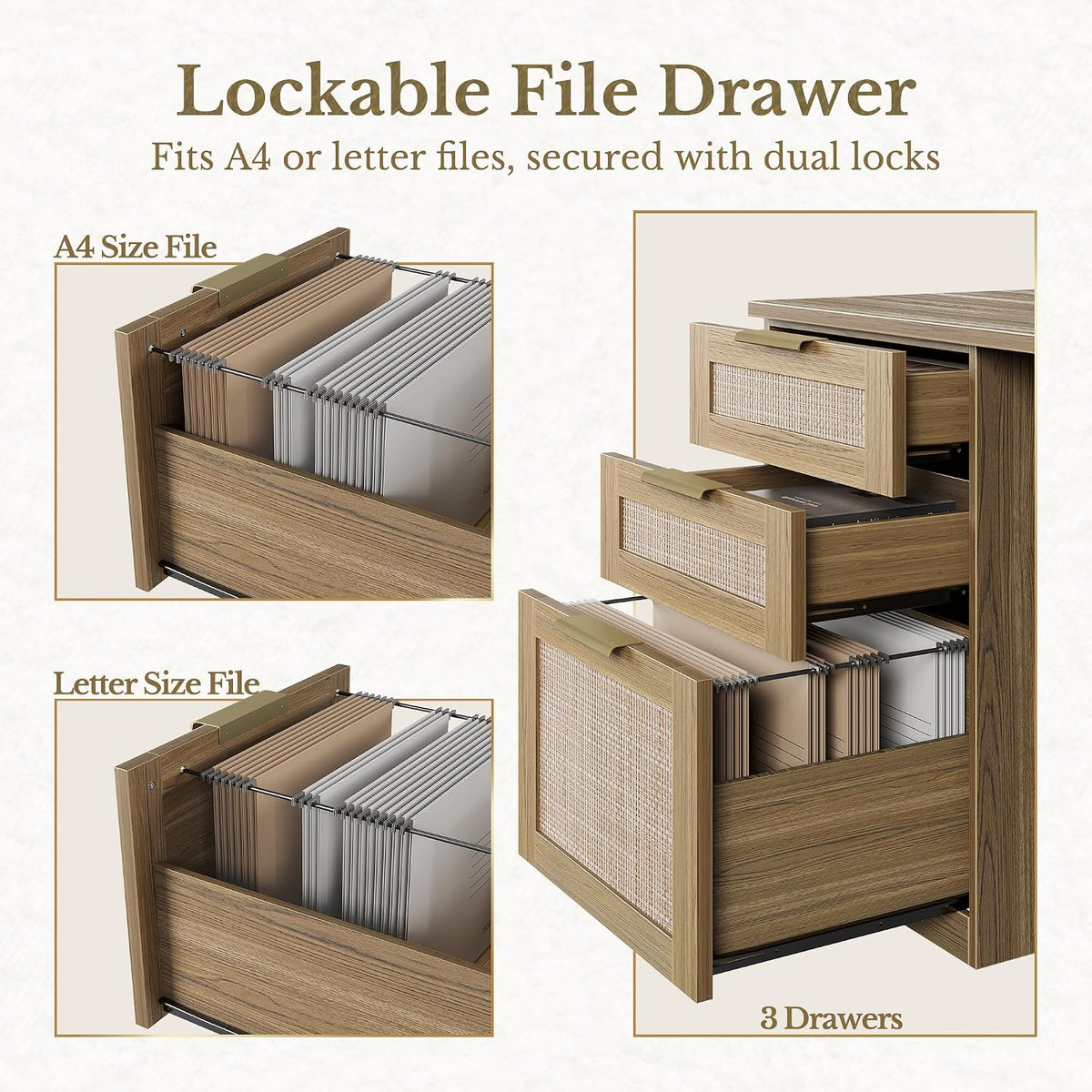 Three-drawer pedestal with rattan-style fronts shown open to display the lockable file drawer configured for both A4 and let