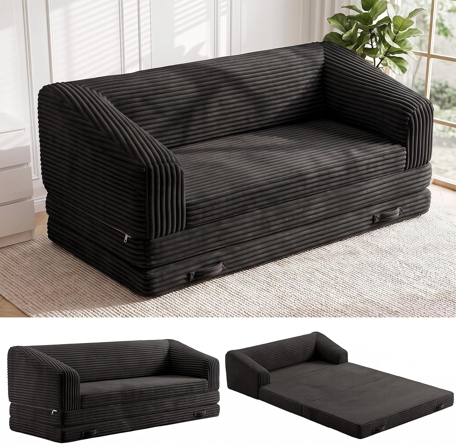 Black corduroy convertible loveseat in sofa form, angled front view on a rug near a window