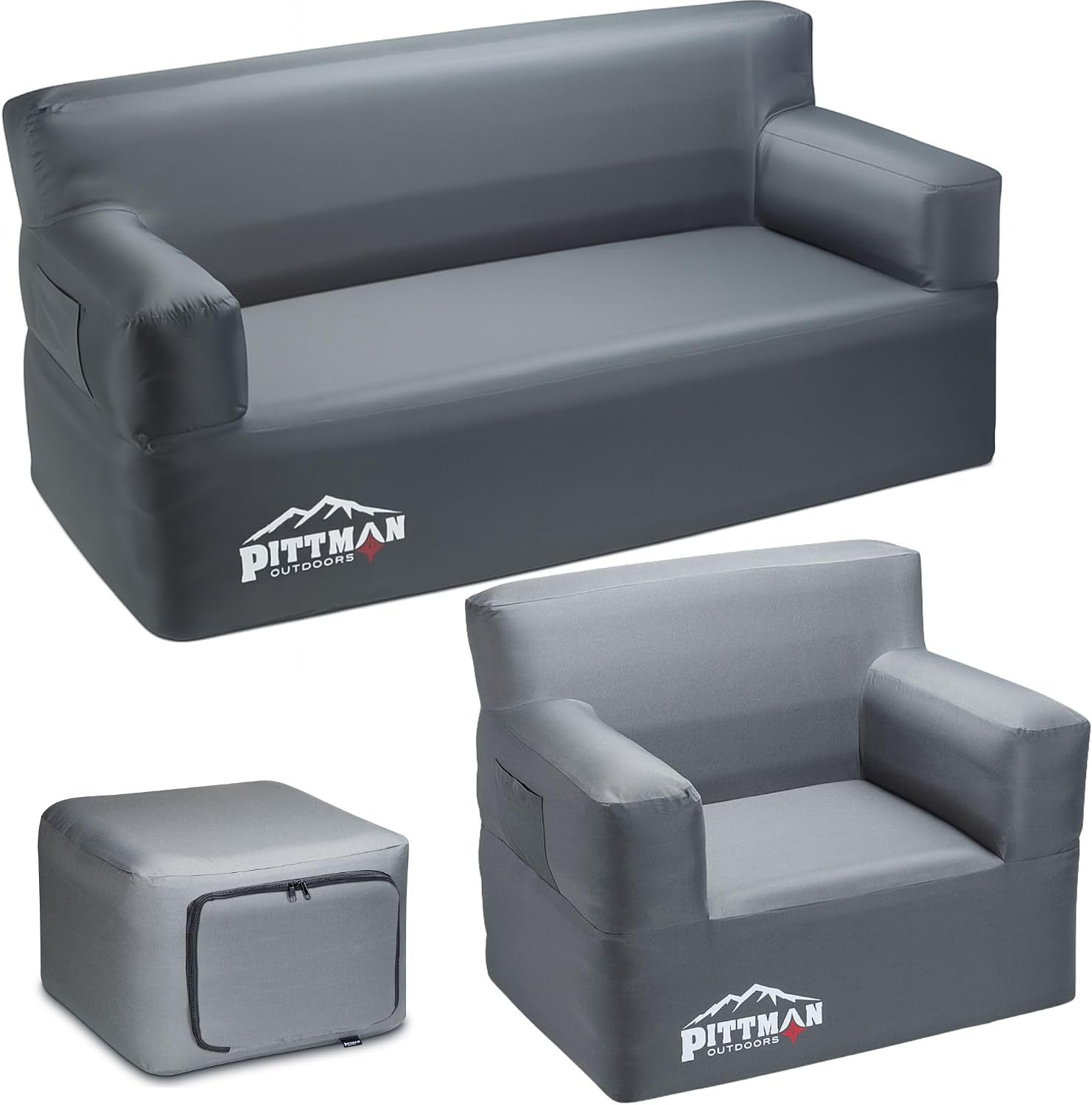 Gray inflatable sofa with matching armchair and ottoman arranged on a white background.