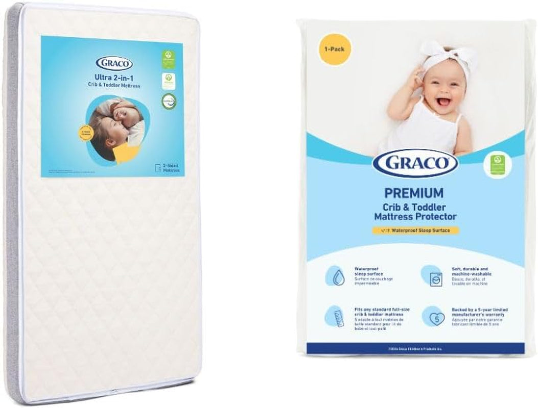 Crib mattress shown upright next to its folded, boxed mattress protector on a white background