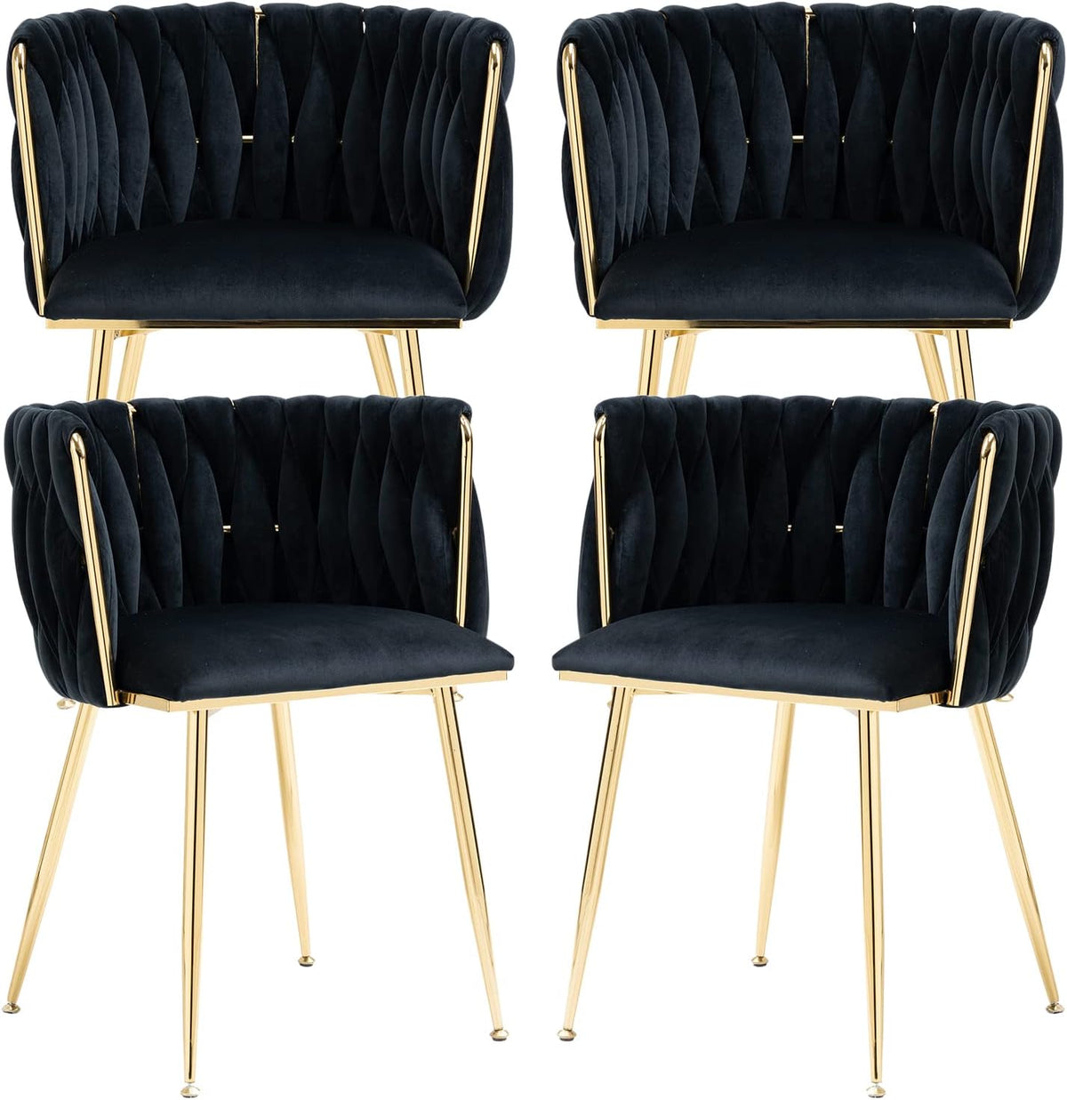 Four black velvet dining chairs arranged in a two-by-two grid showing braided backs and gold legs.