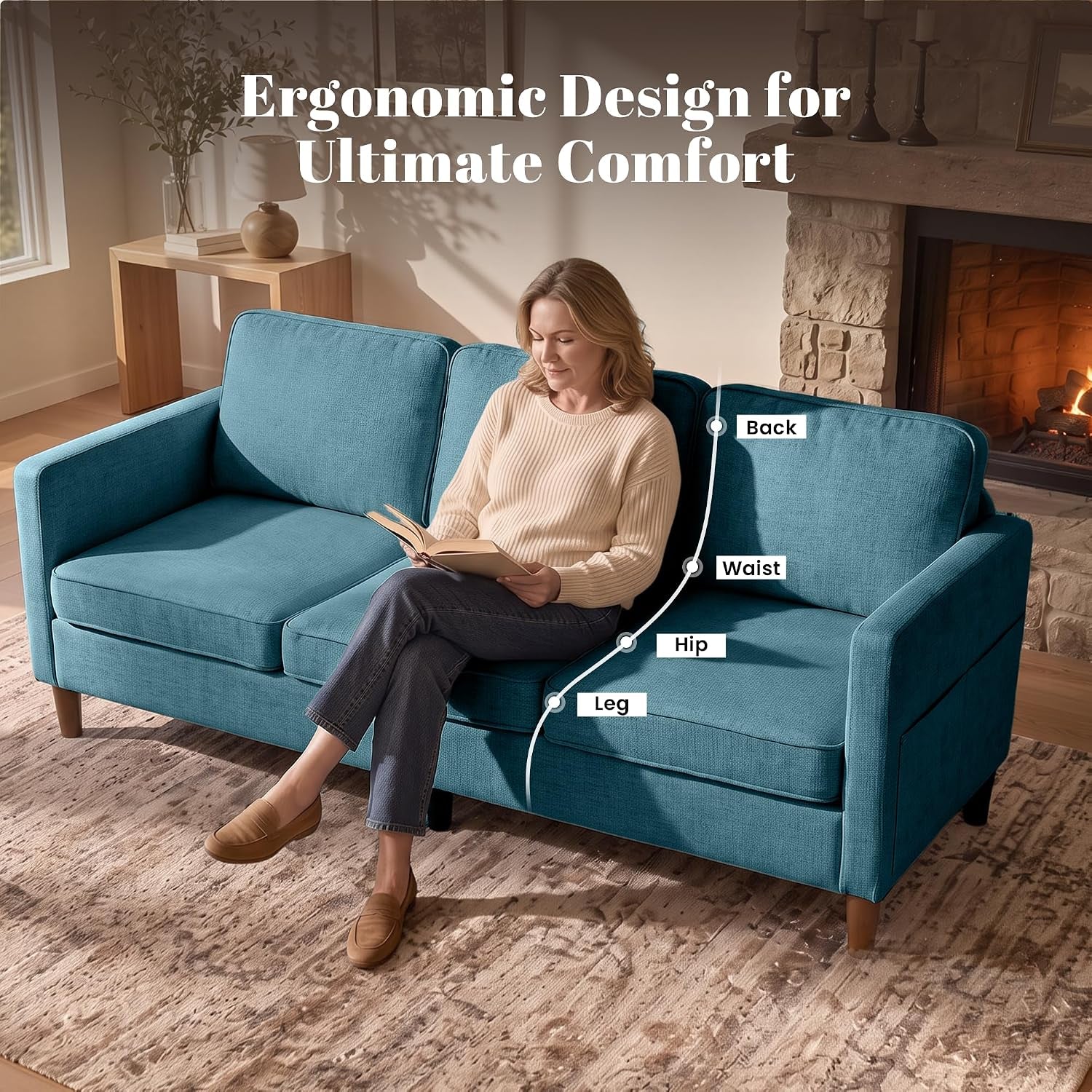 Woman seated on teal sofa with ergonomic curve overlay illustrating support for back, waist, hip and leg