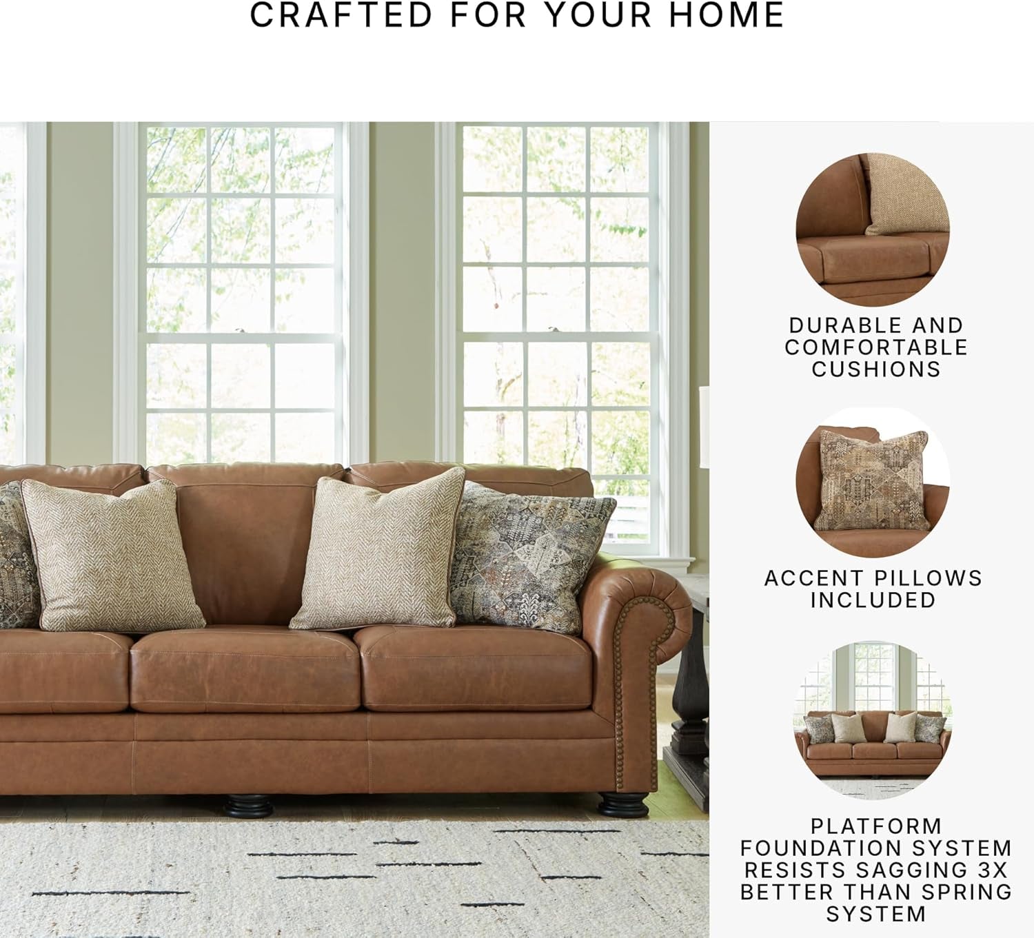 Signature Design by Ashley Carianna Leather Sofa for Living Room, Caramel | Top-Grain Leather Touchpoints, Sag-Resistant Platform Foundation, Classic Rolled Arms with Nailhead Trim