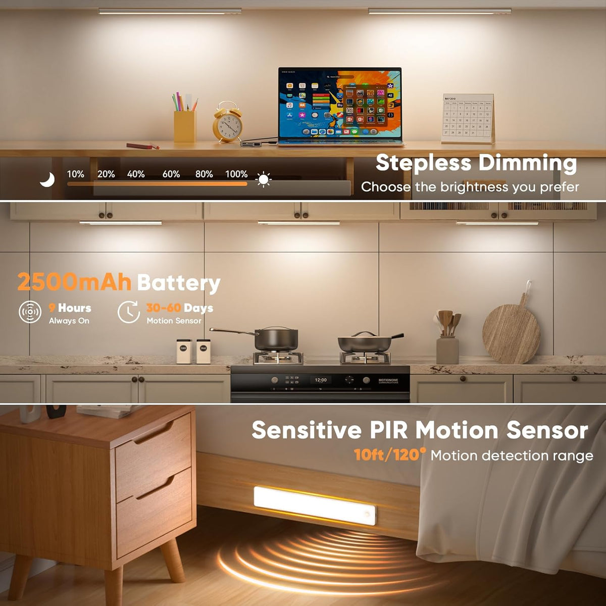Kitchen scene showing under-cabinet lights illuminating a countertop and a motion-activated light glowing under a nightstand.
