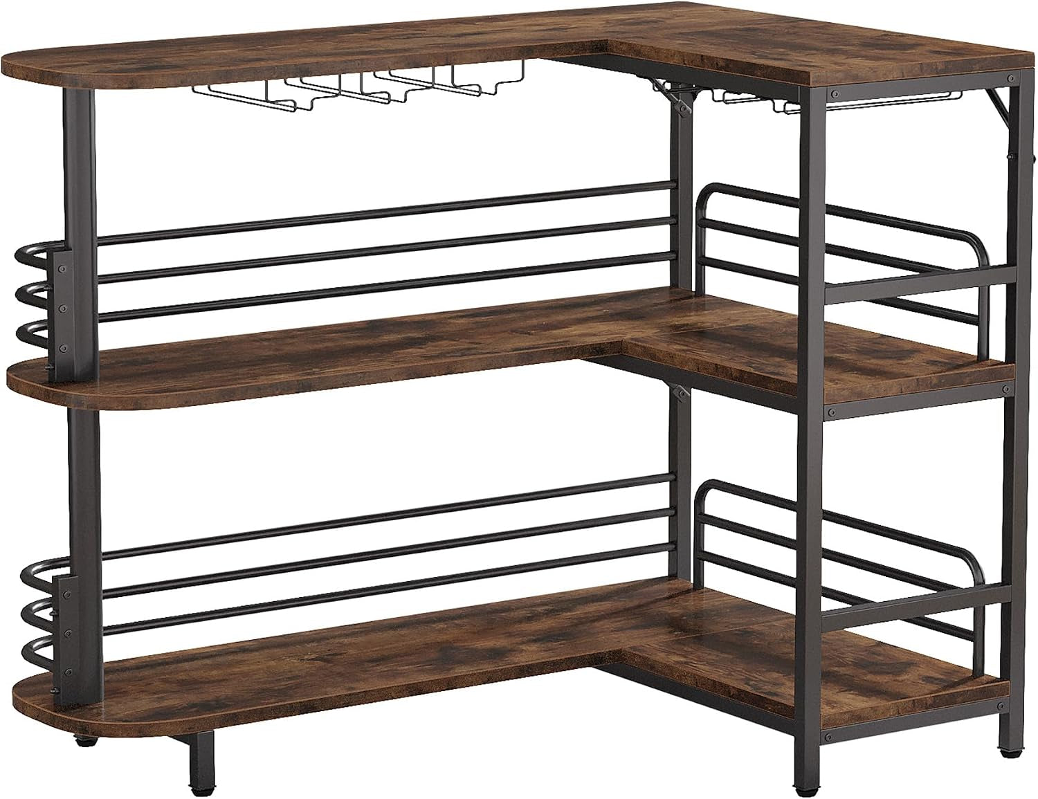 Empty L-shaped bar unit on white background showing three open wooden shelves and black metal frame.