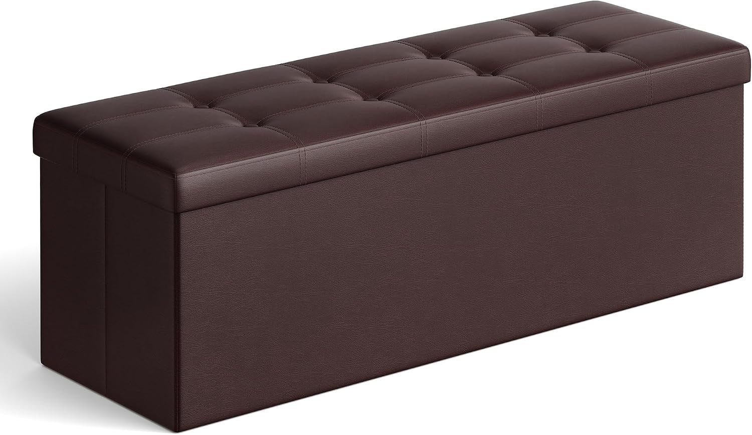 Dark brown faux-leather folding storage bench with tufted top shown on a plain white background.