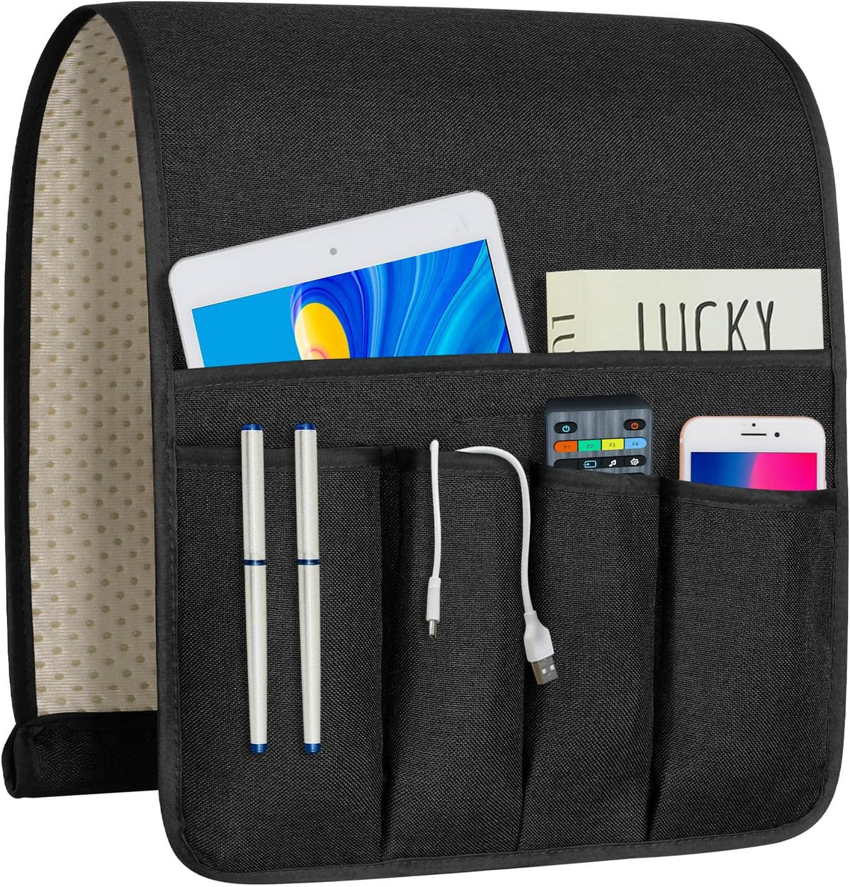 Black linen organizer shown flat with five pockets holding tablet, pens, cable and phone