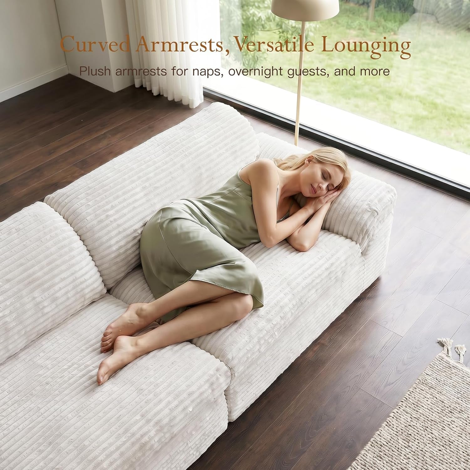 118" Cloud Boneless Couch, 3 Seater Corduroy Sofa, Beige | Modular Sectional Sofa, High-Density Foam, No Assembly Required, Curved Armrest, Apartment, Bedroom, Deep Seat, Pet-Friendly