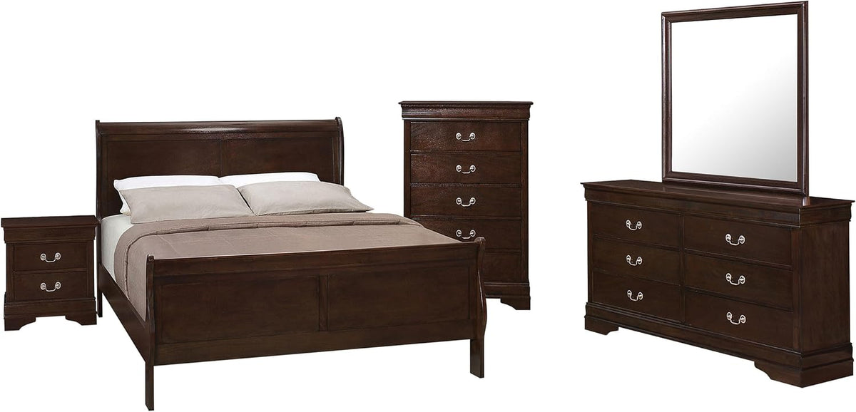 Cappuccino sleigh bed with dresser, mirror, chest and nightstand arranged on white background, front view