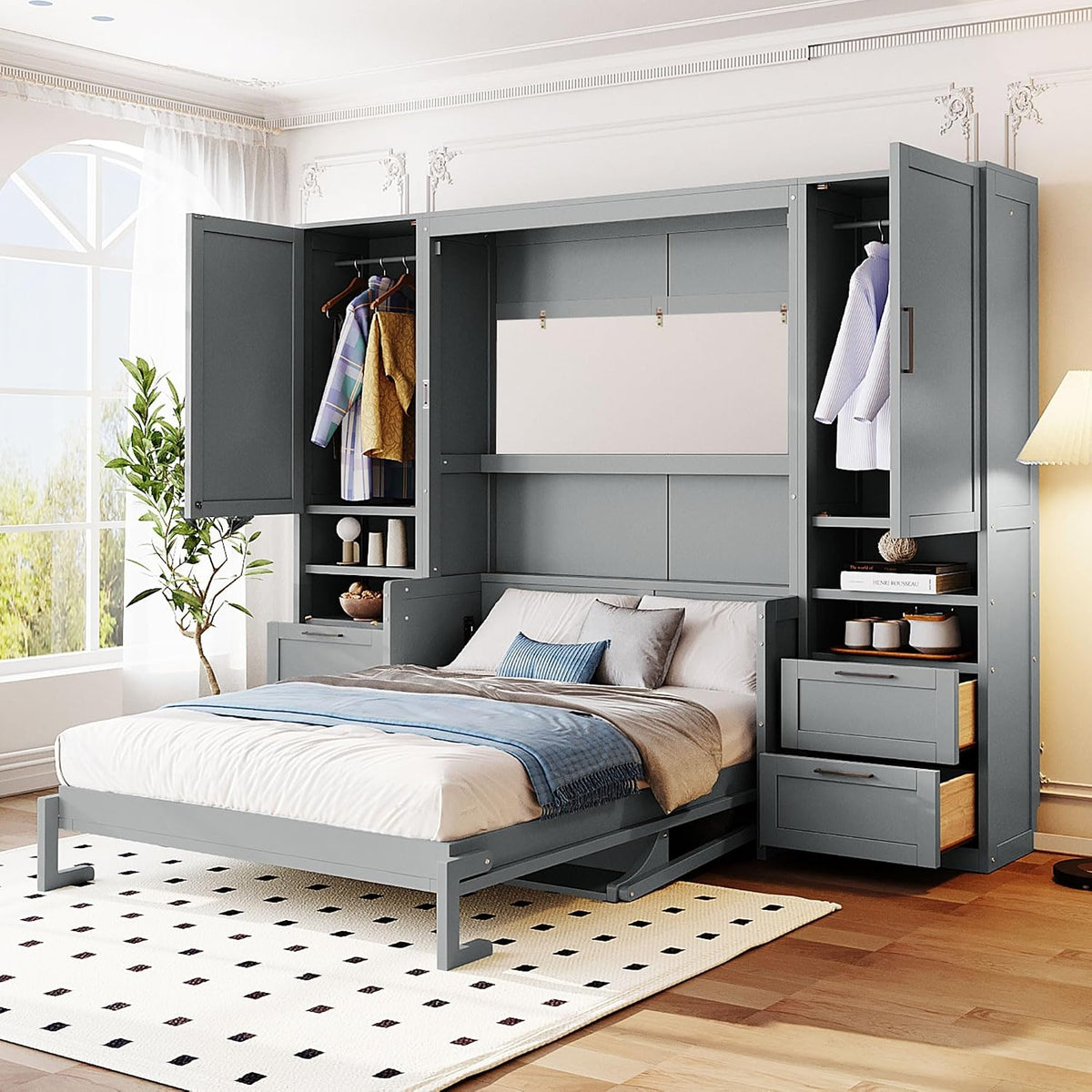 Darker gray fold-down bed open with bedside cabinets, open drawers and decorative pillows