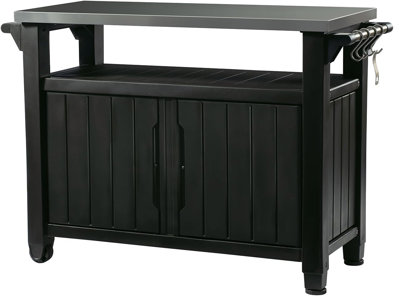 Three-quarter view of the storage cart showing stainless top, open middle shelf, side towel bar with hooks and left caster.