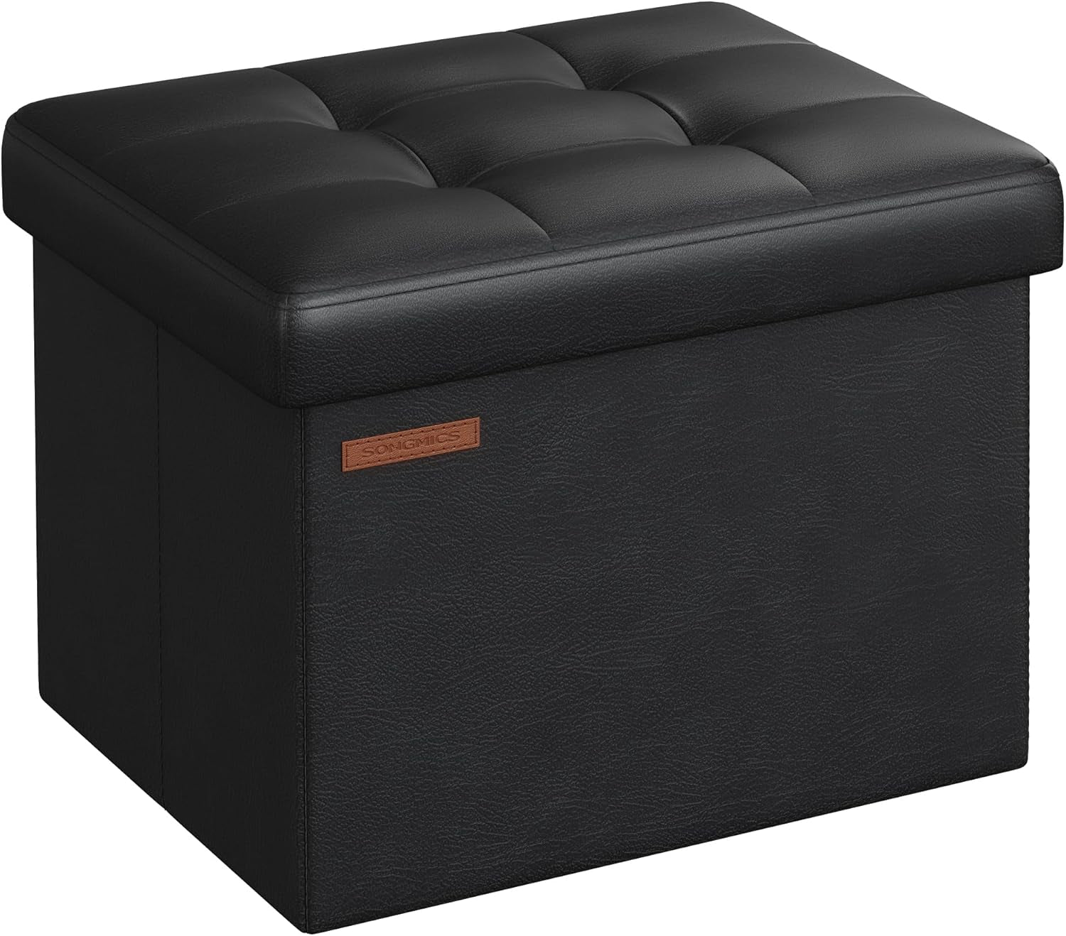 Three-quarter view of a black synthetic leather tufted storage ottoman with a smooth textured surface.