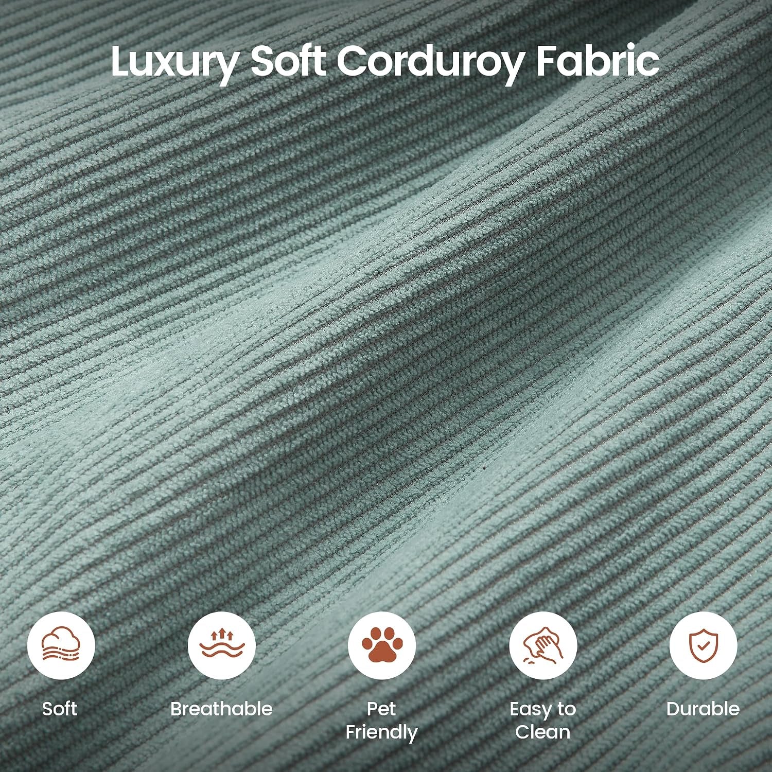 Close-up texture shot of the light green corduroy fabric showing ribbed detail and soft pile