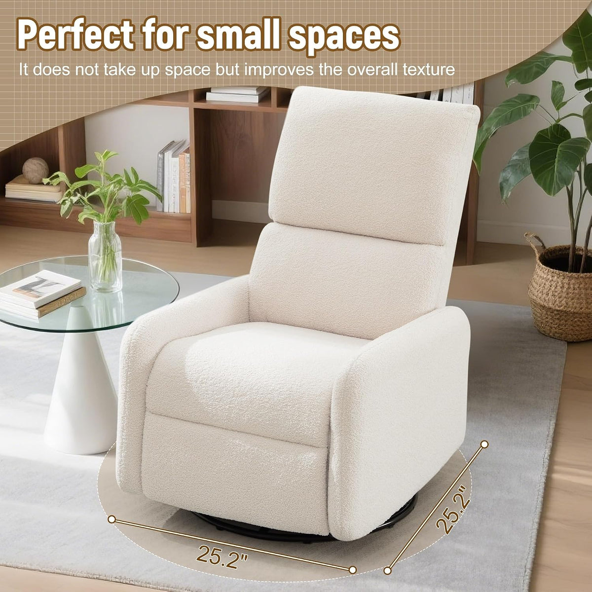 Cream swivel chair photographed in a living space with dimension overlay