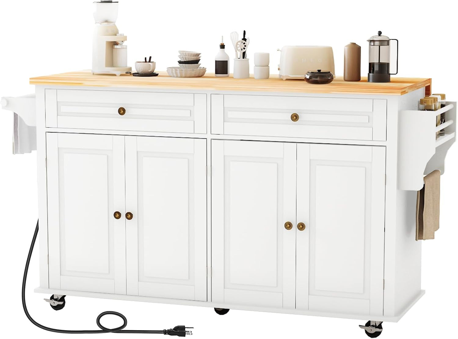 White rolling kitchen island with wood top, power cord trailing from base and towel holder at side