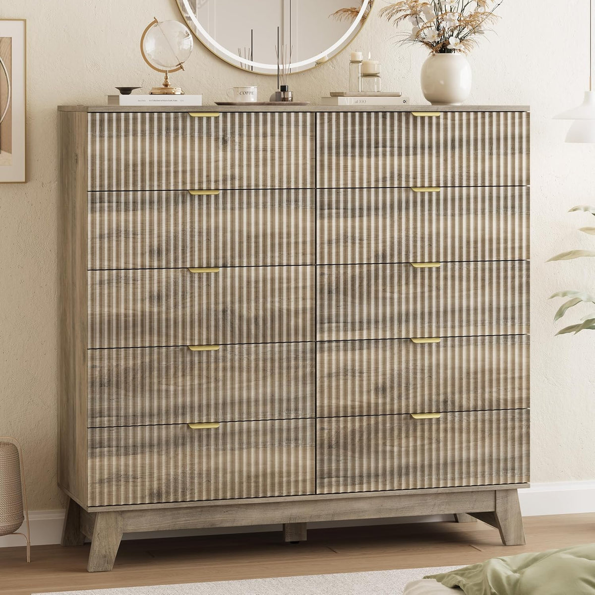 Front-on view of tall wave-panel dresser in weathered gray showing textured drawer fronts