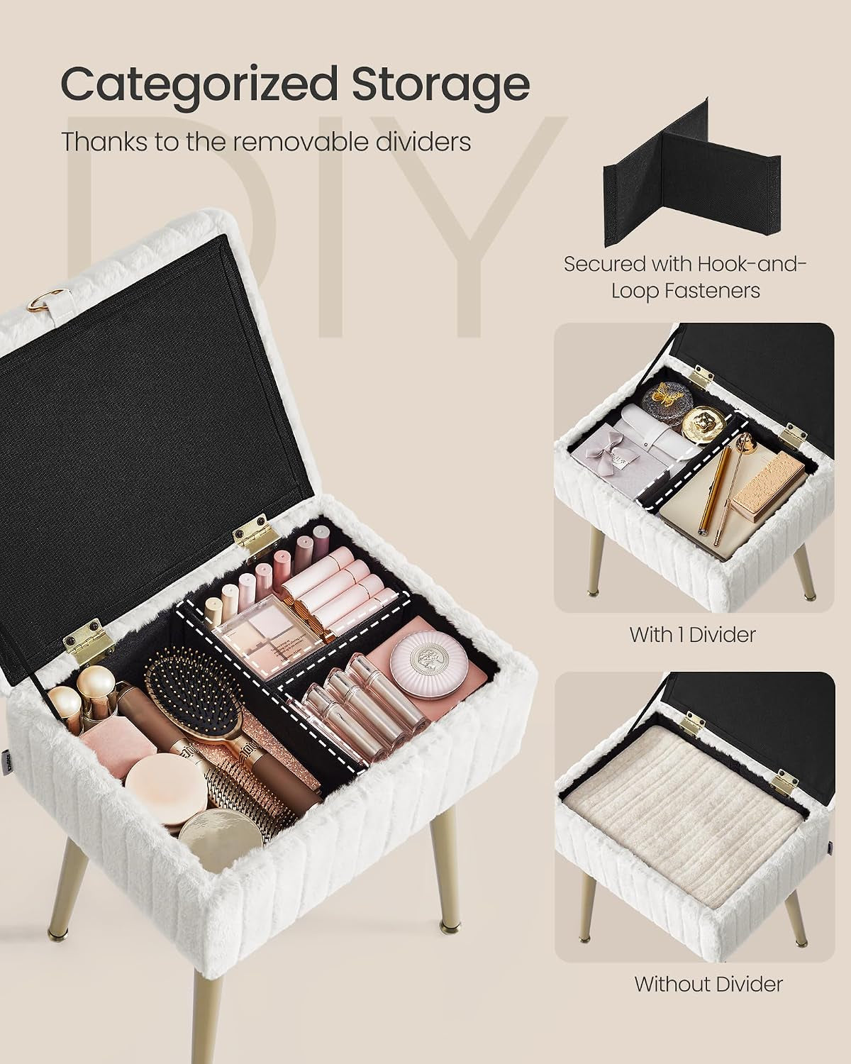 Open plush vanity stool showing removable fabric dividers and organized makeup inside