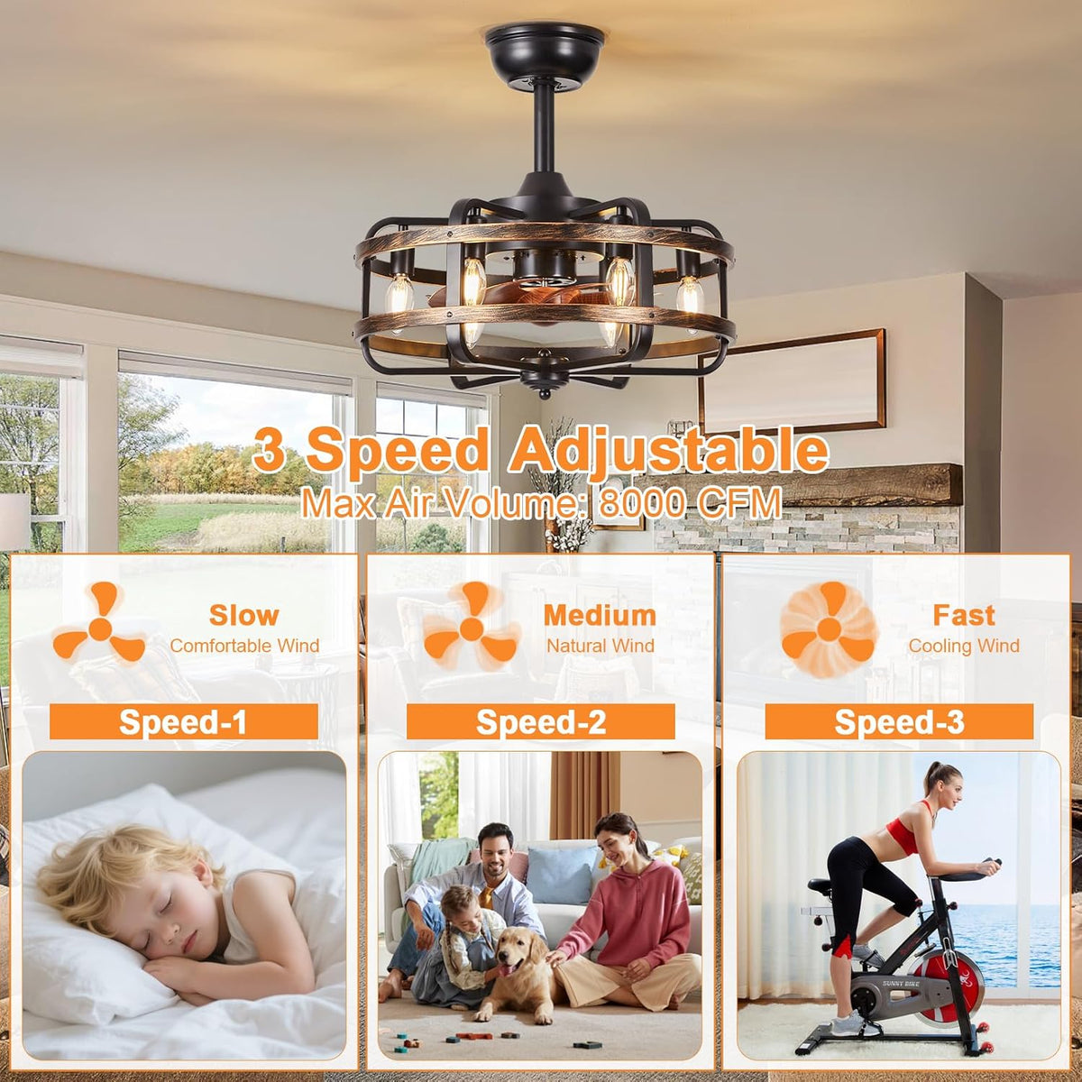 Caged ceiling fan over a living area showing three-speed labels and visible wood-look blades