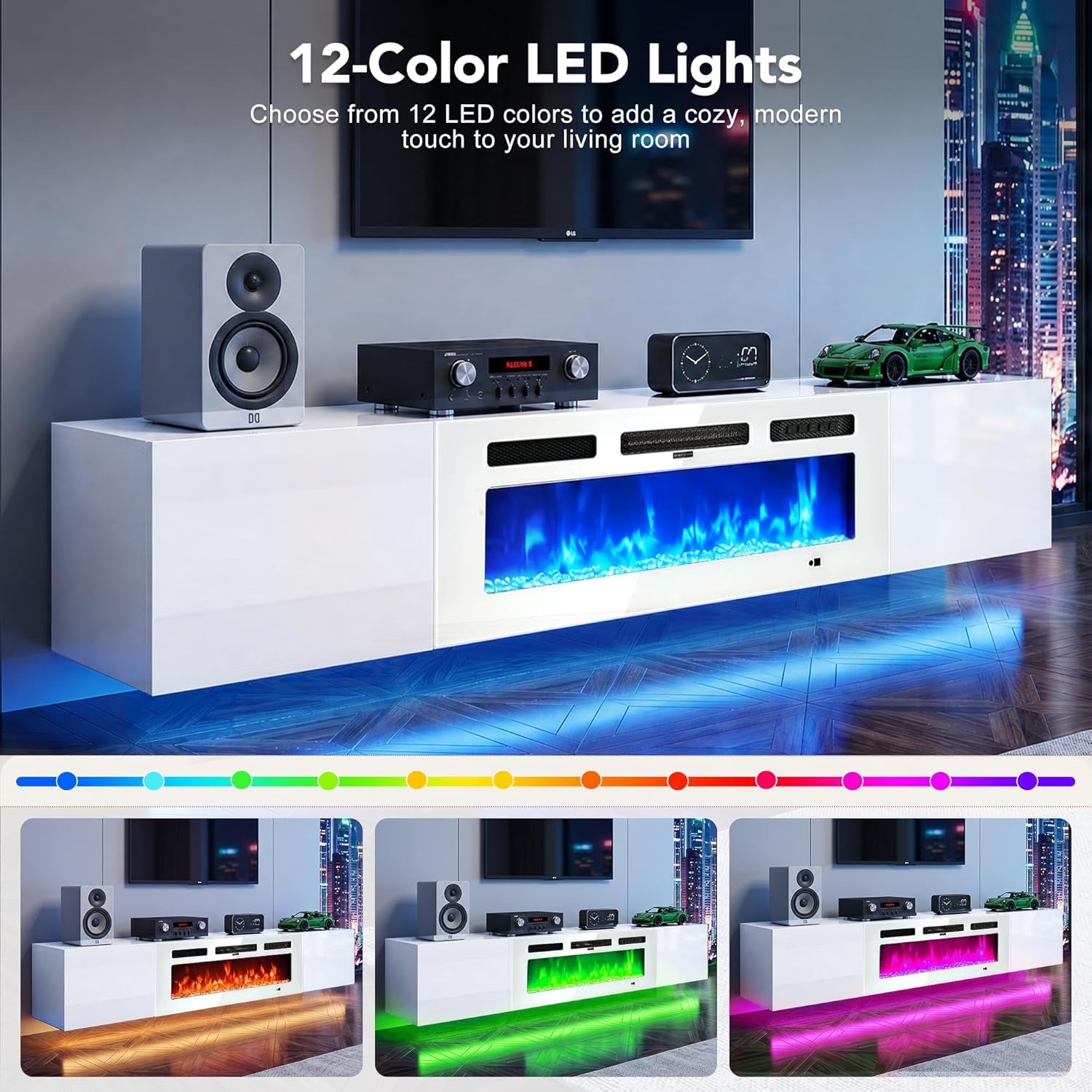 White wall-mounted TV stand shown with colored LED underlighting and a 12-color LED strip graphic across the top