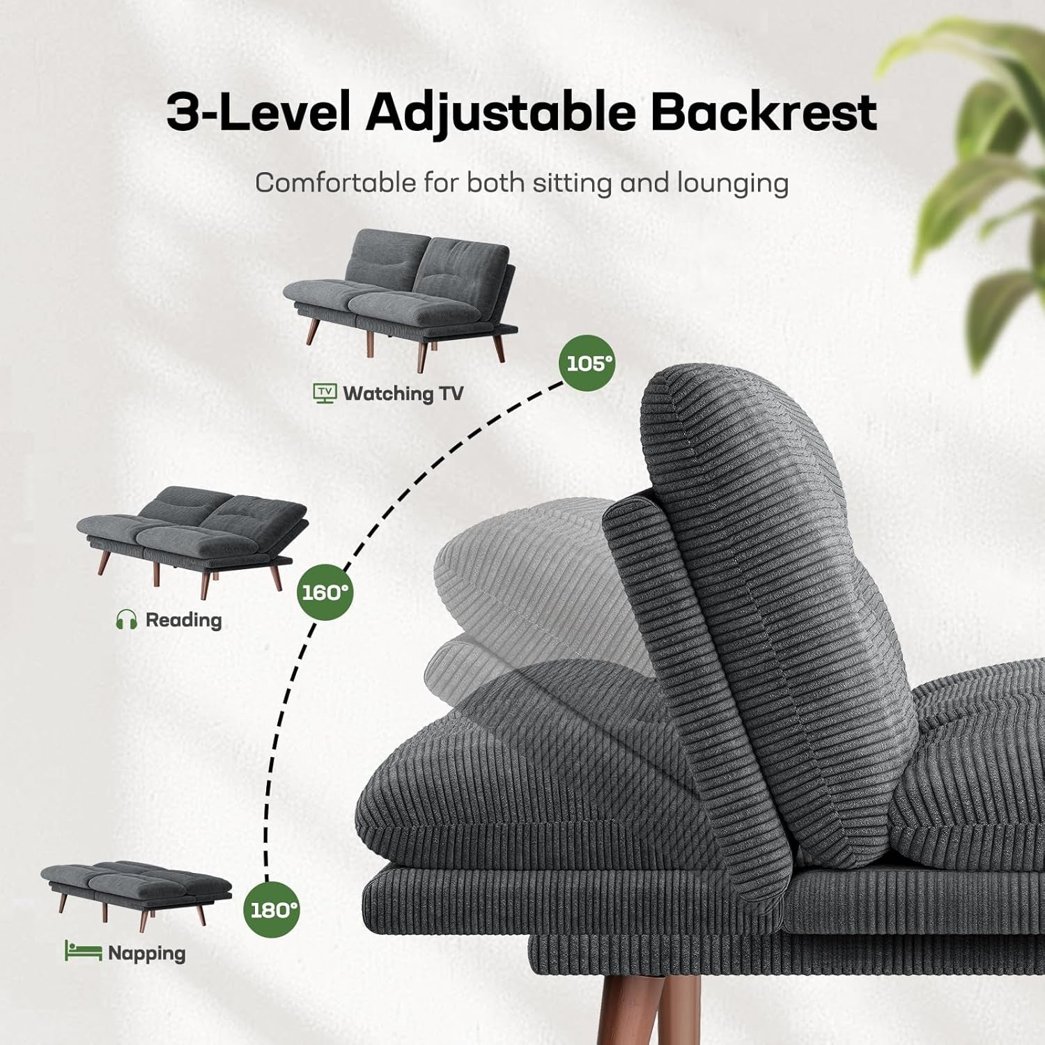Side view of grey futon showing 3-level adjustable backrest positions (105°, 160°, 180°)
