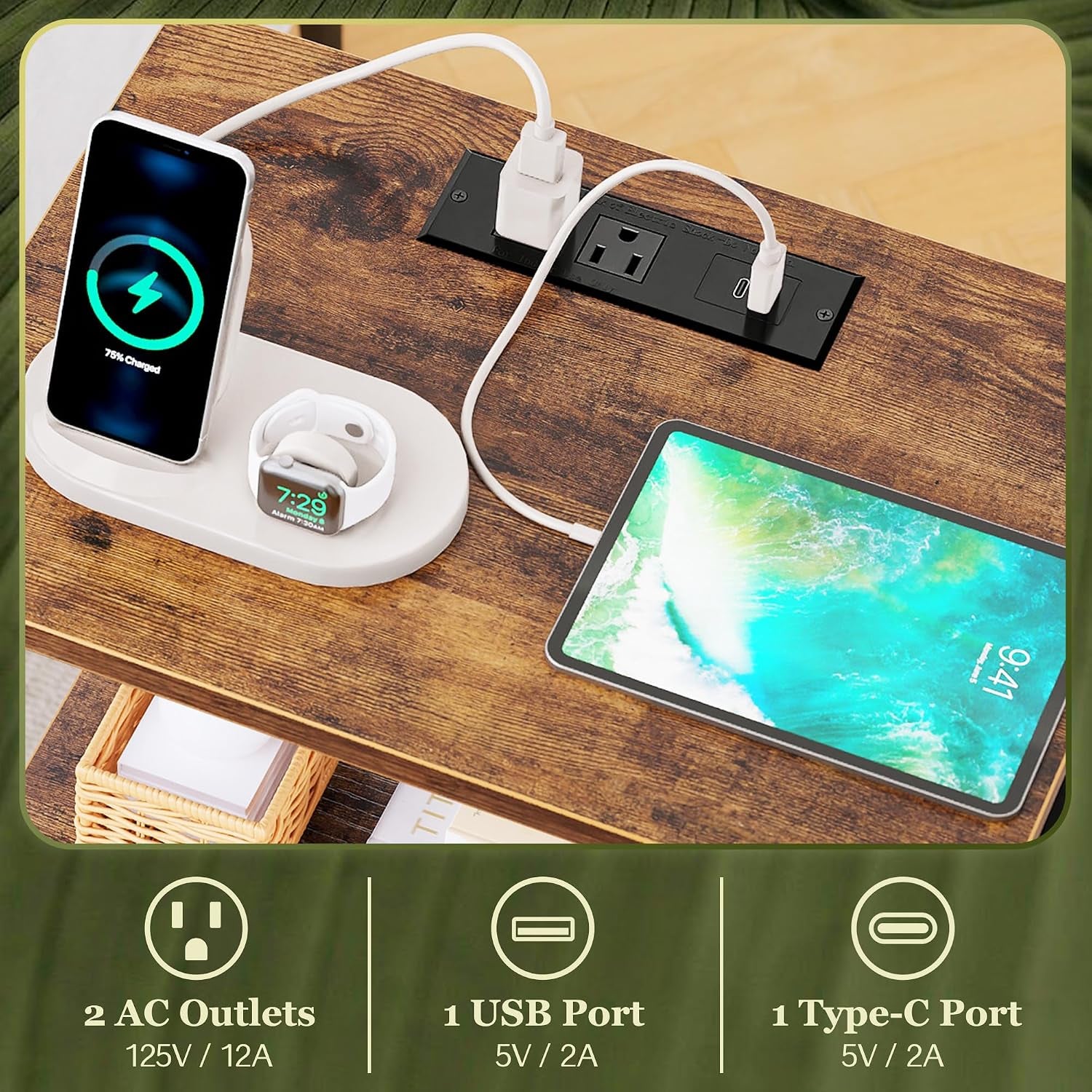 Close-up of the wood top with built-in power module, phone, tablet and charging cables connected.