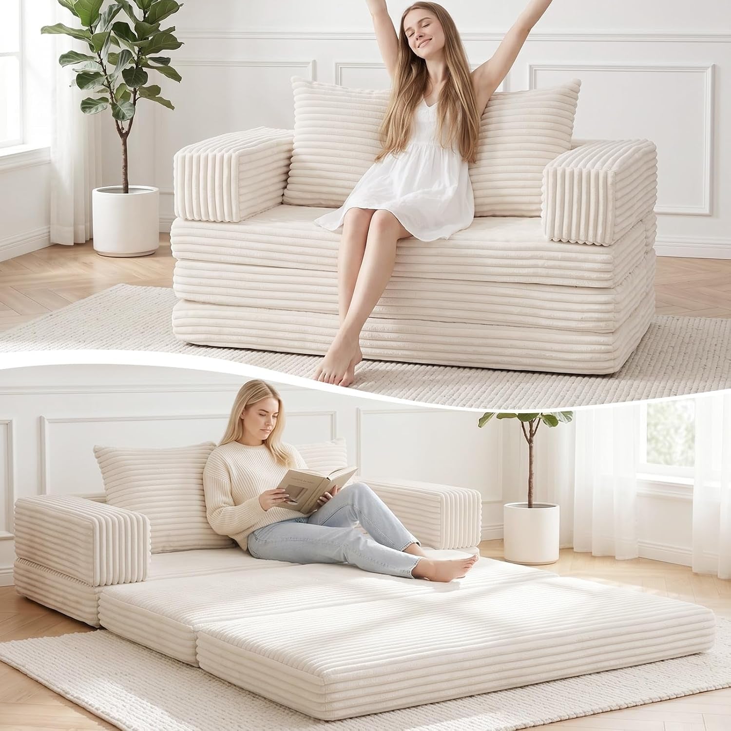Stacked boneless loveseat in light beige with removable arm blocks and a woman seated smiling