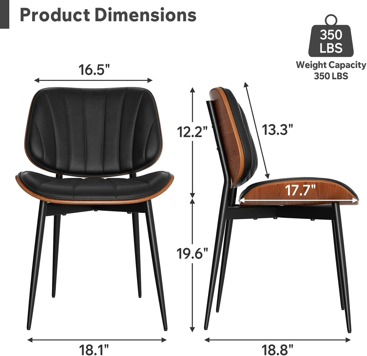 Front and side product diagram showing chair dimensions and 350 lbs weight capacity on a white background