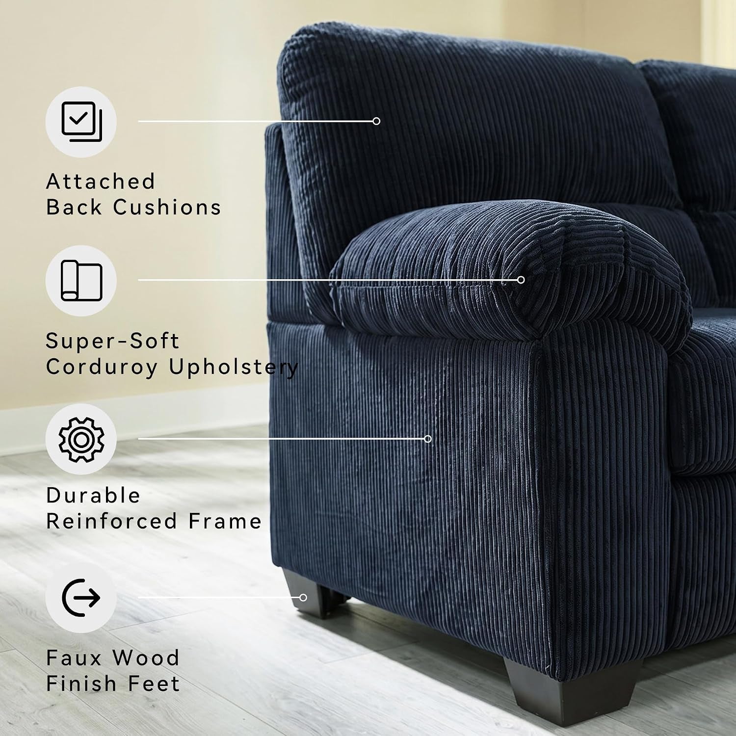 Signature Design by Ashley Sofa, 83-In Navy Corduroy, Anti-Sag Platform | No Assembly Required, Anti-Sag Platform Foundation, Plush Fiber-Wrapped Foam Cushions, Fits 32-In Doorways, Simplejoy Series