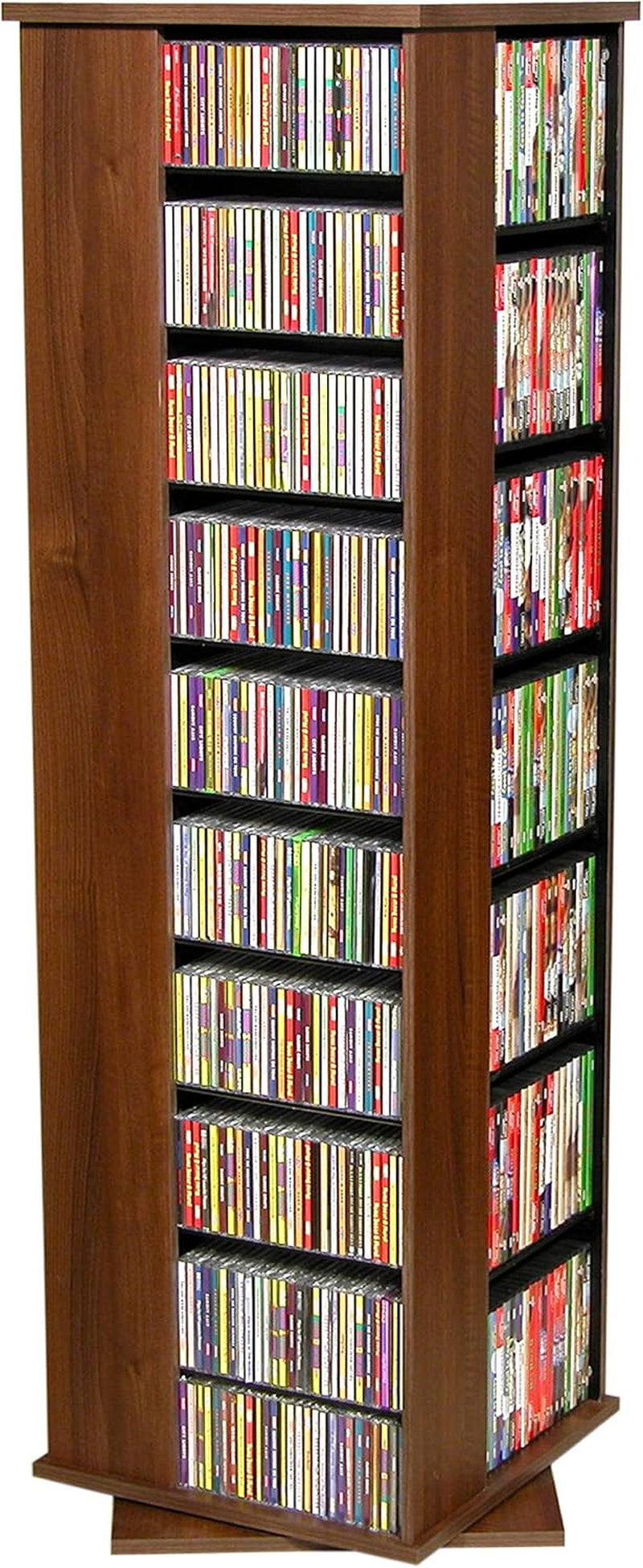 Dark wood rotating media tower shown straight-on, two faces filled with CDs and a cross-shaped base visible beneath.
