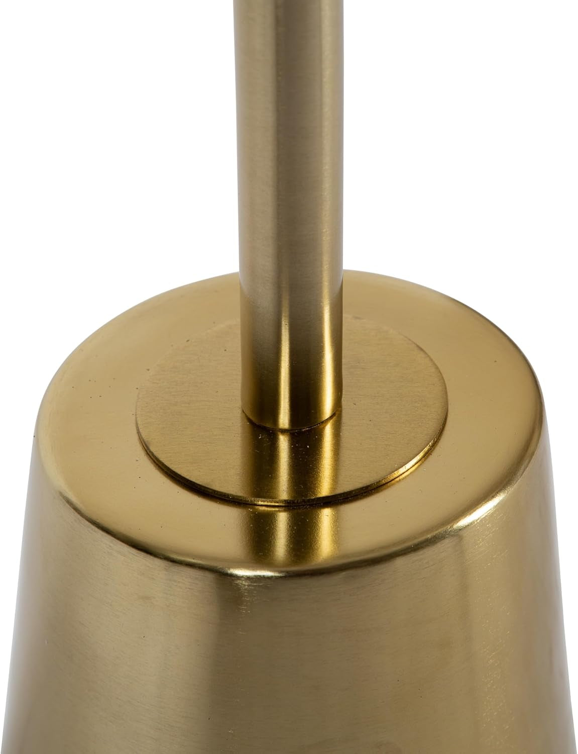 Tight view of the metal stem joining a tapered conical base with a small round mounting plate.