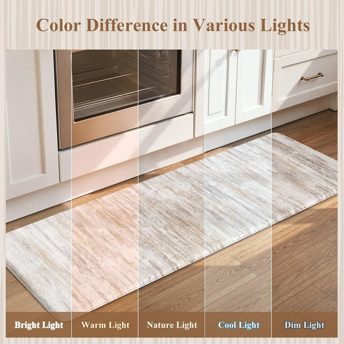 Runner shown in five vertical panels to illustrate how the rug's color appears under different lighting