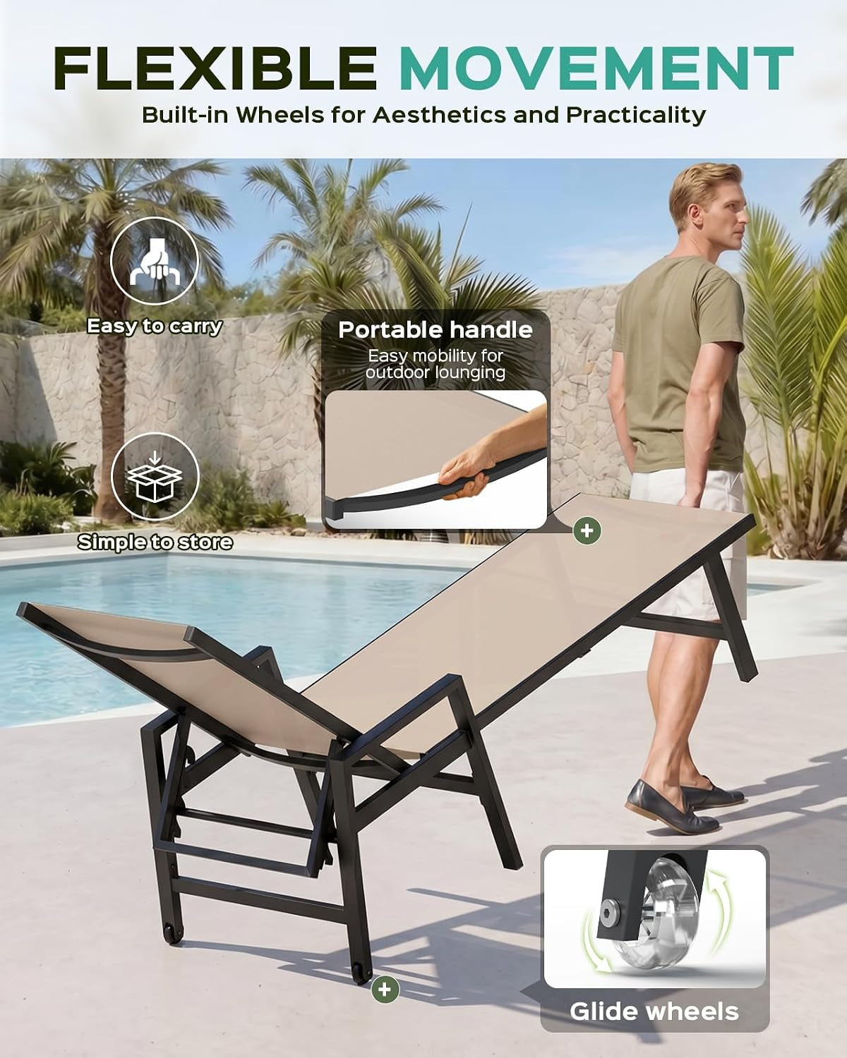 Khaki chaise lounge being pulled to illustrate built-in glide wheels and portability
