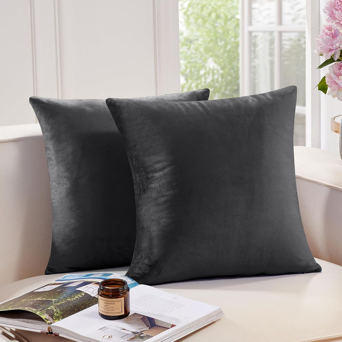 Two dark charcoal square throw pillow covers arranged on a light sofa with a window and flowers in background.