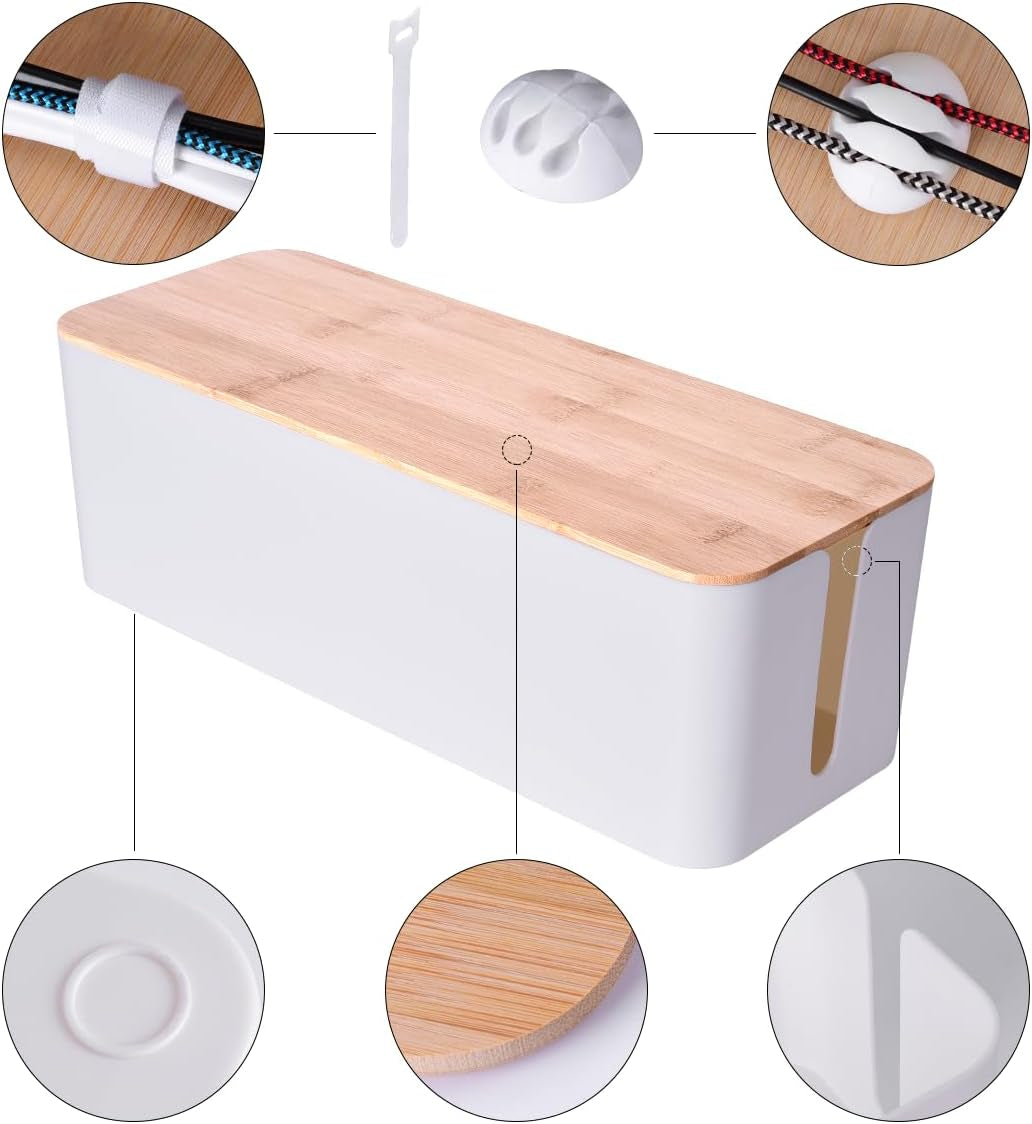 Close-up of bamboo-style lid alongside a cable tie strip and a round adhesive cable clip demonstrating cord routing