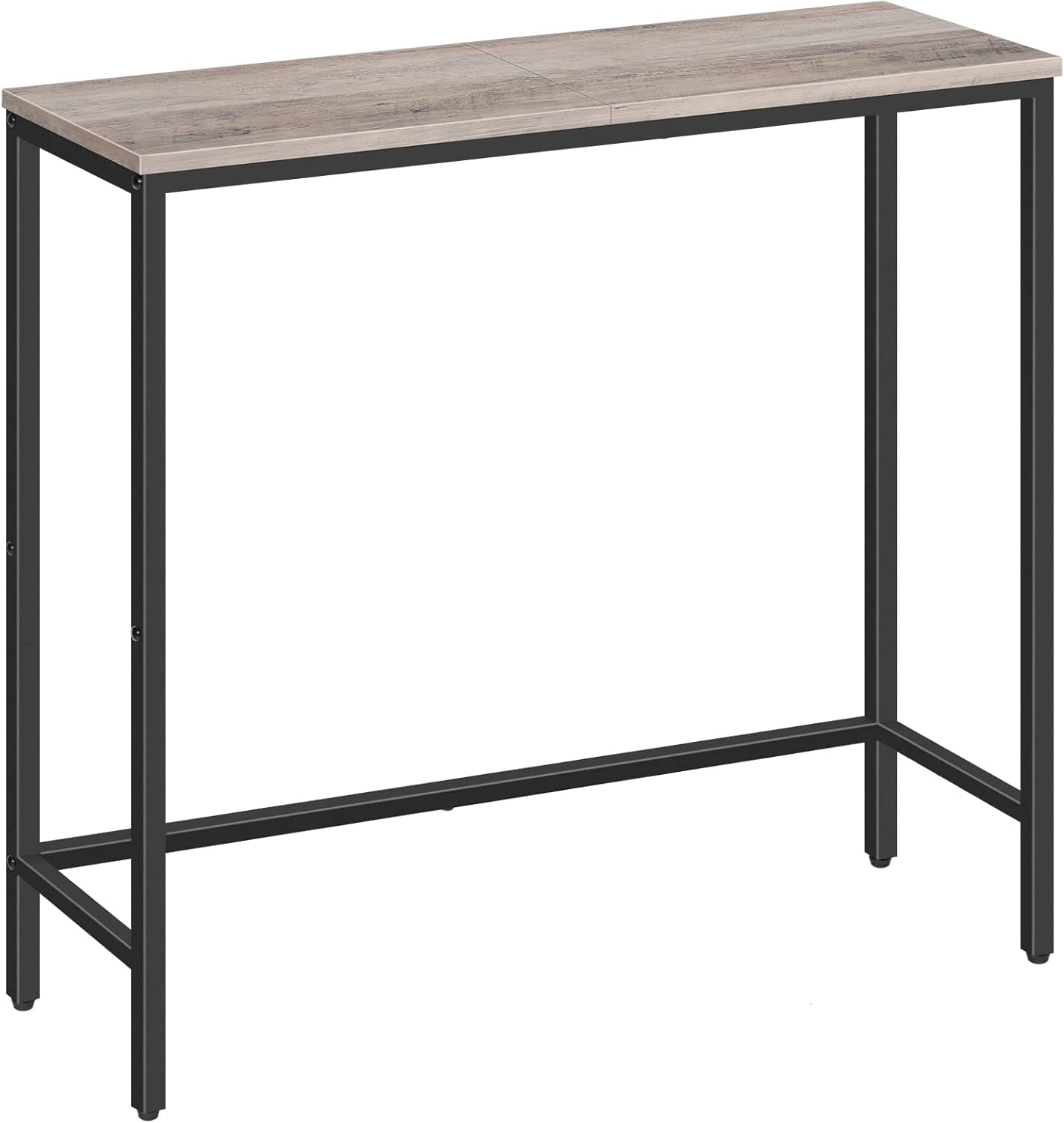 Narrow console table with rustic wood-look top and black metal frame, angled front view.