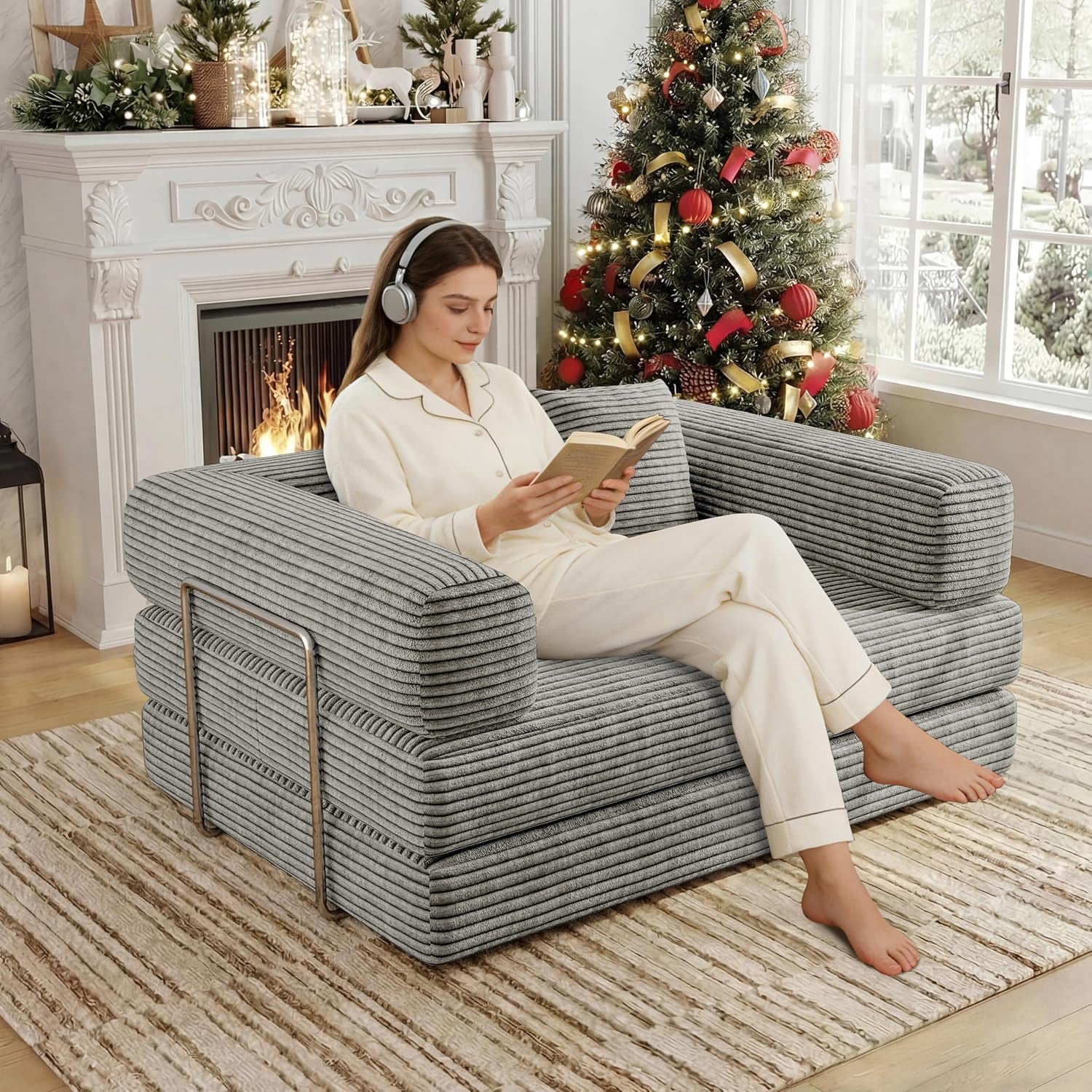 4 in 1 Convertible Sofas Boneless Couches with 2 Pillow, Modern Corduroy Futon Bed, Modular Queen Sofa with Pull-Out Bed, Loveseat for Living Room, Small Space Apartment 53.15" Double Sofa