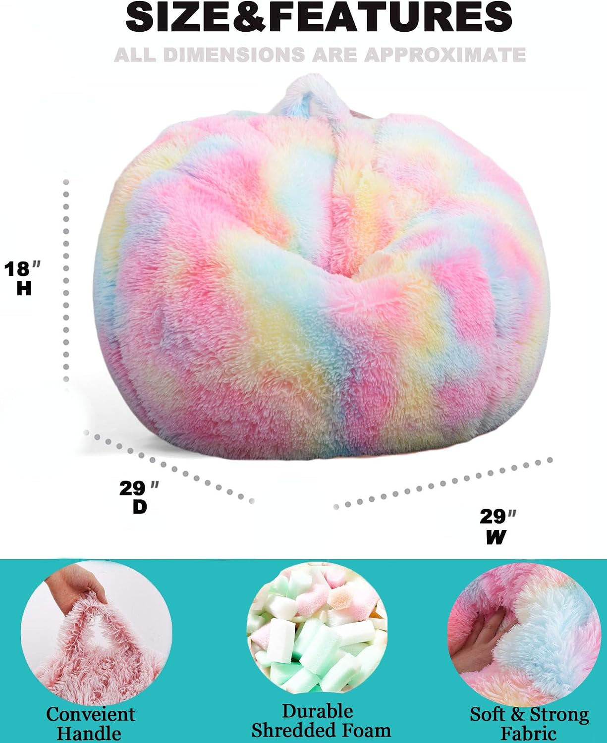 Front view of a pastel rainbow bean bag on white background with dotted dimension markers.