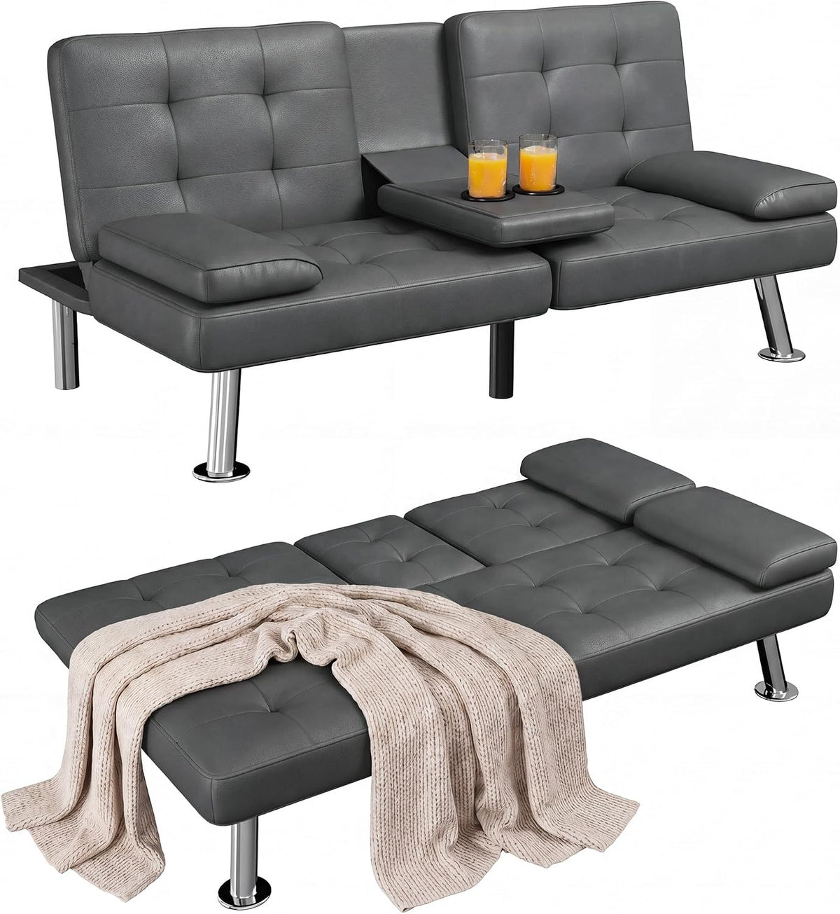 Gray futon sofa displayed upright and folded flat with center cup tray, metal legs and a beige knitted blanket draped over