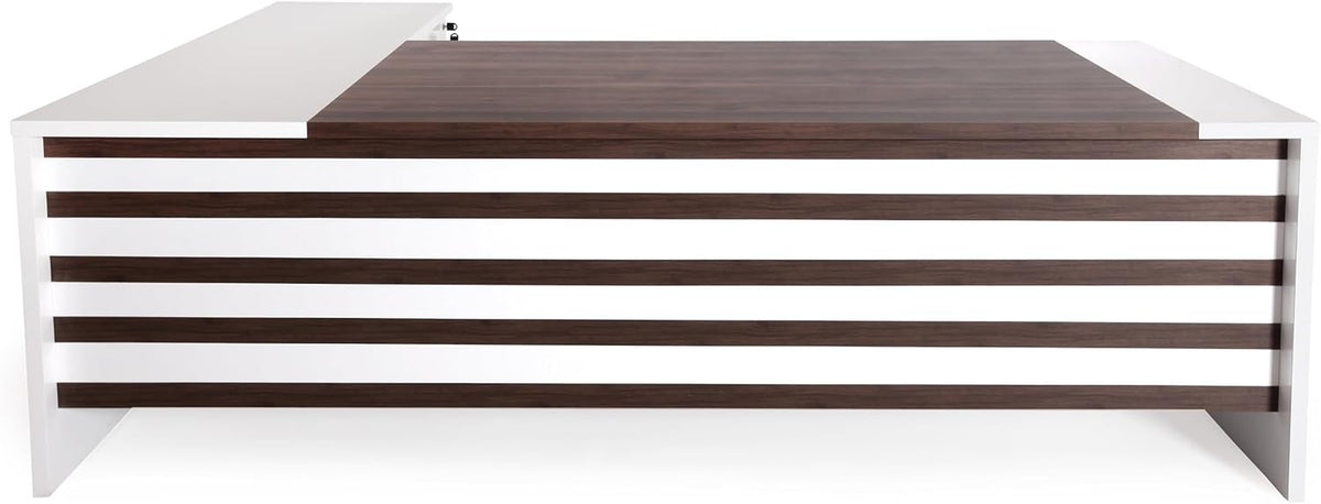 Front view of a rectangular desk with a white frame, dark wood top and six horizontal dark wood slats on the front panel.