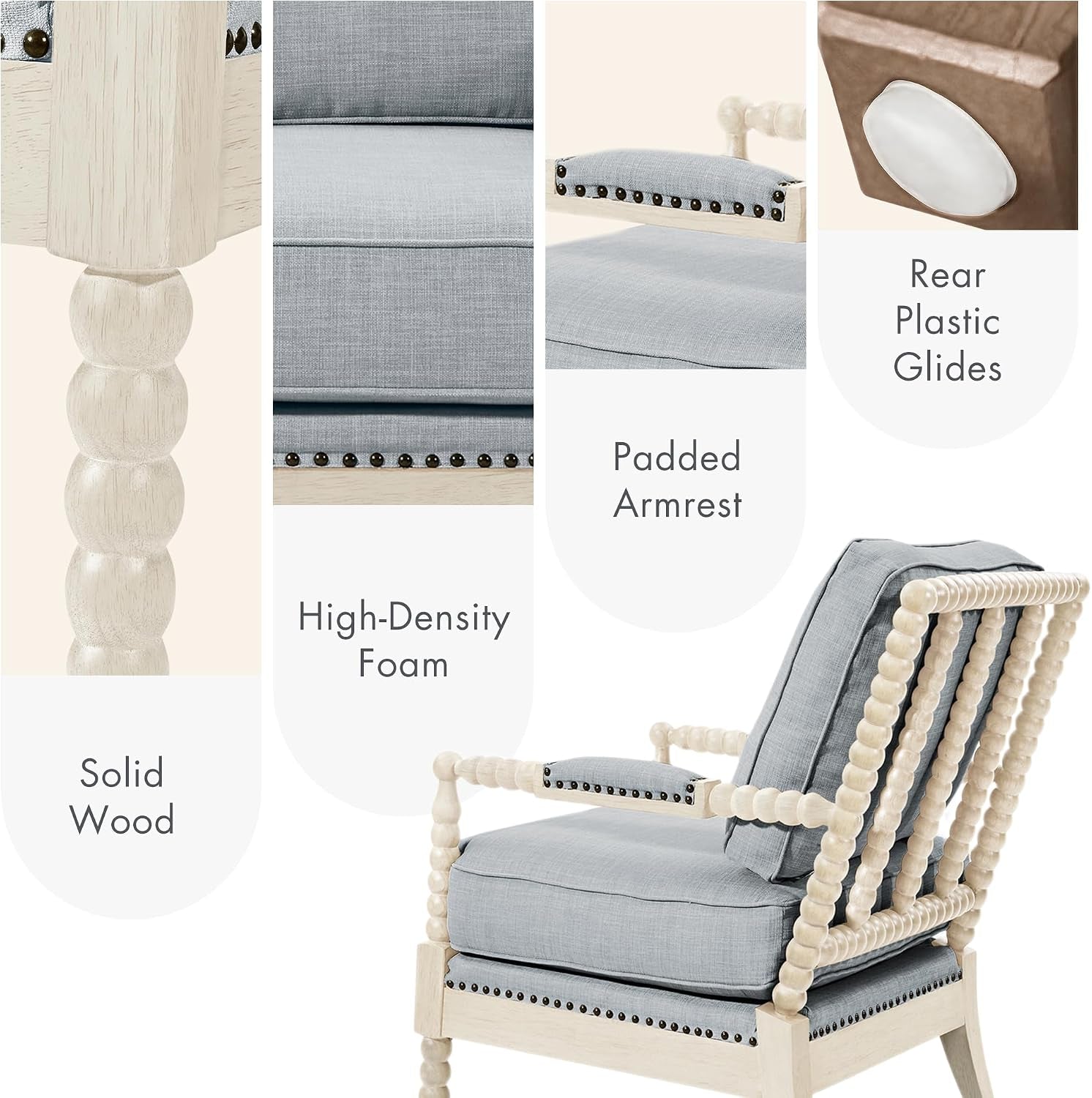 Close-up collage showing solid wood bobbin legs, high-density foam cushion, padded armrest and rear plastic glide