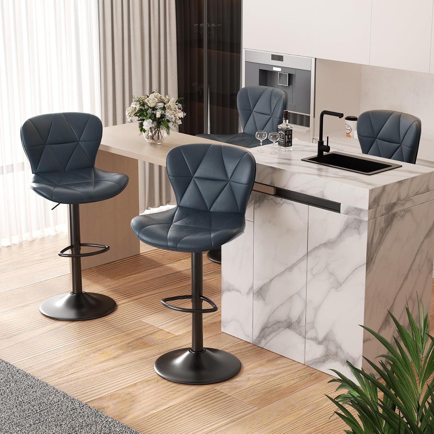 Nalupatio Modern Bar Stools Set of 2, Adjustable Faux Leather Upholstered Swivel Bar Stools, Counter Height, gallery view 10