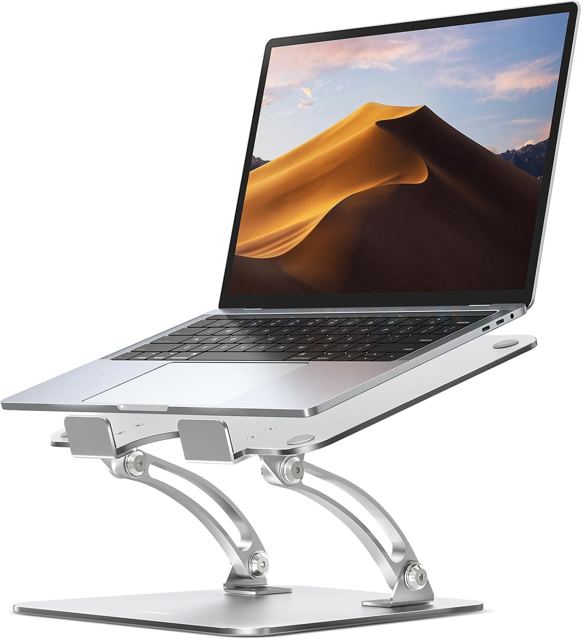 Close-up of a laptop placed on a silver stand showing the front lip, hooks and hinge details