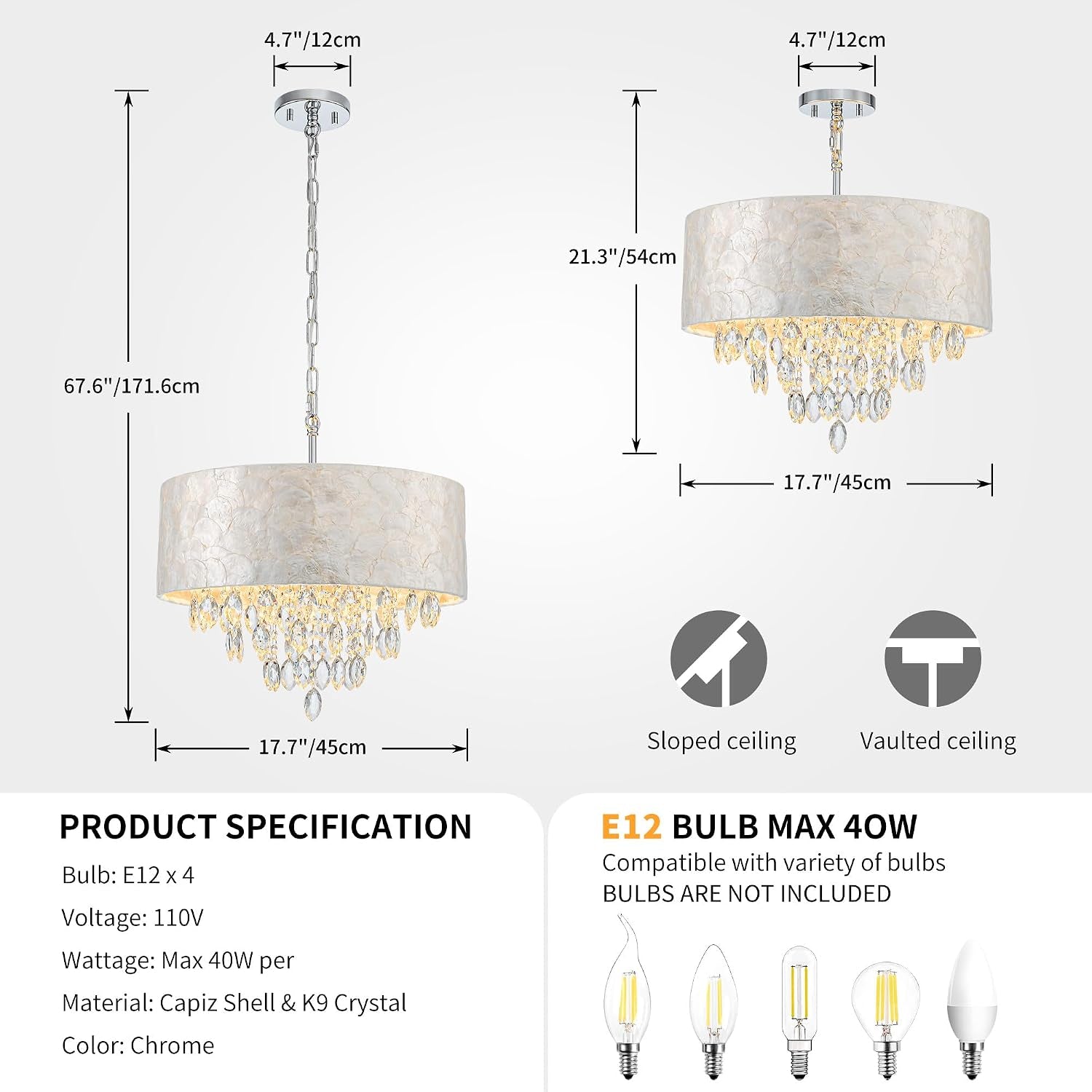Product diagram showing two pendant views with arrows and measurements plus icons and specification blocks