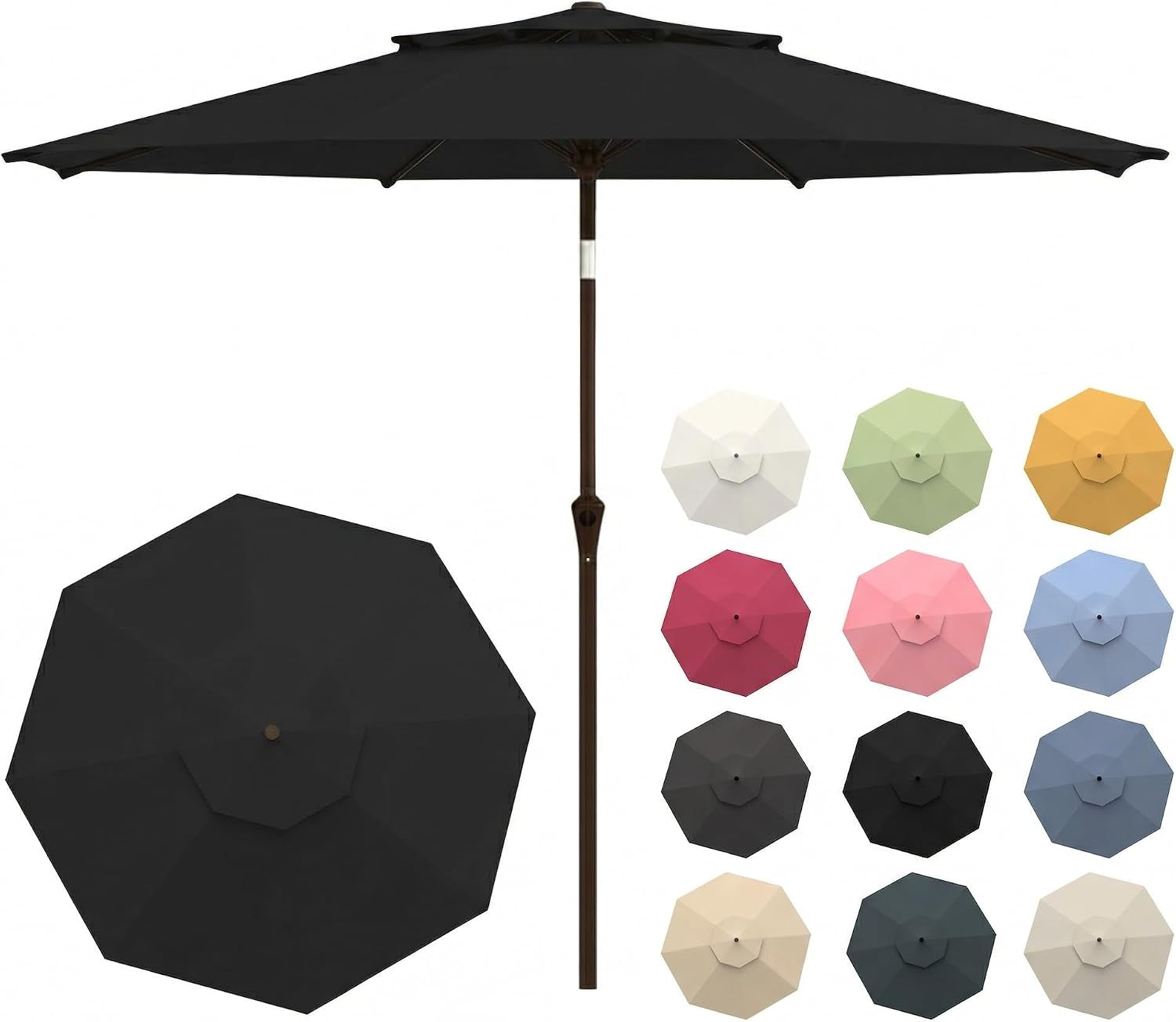 Front view of a black market umbrella with a top vent and multiple small color thumbnails at right.
