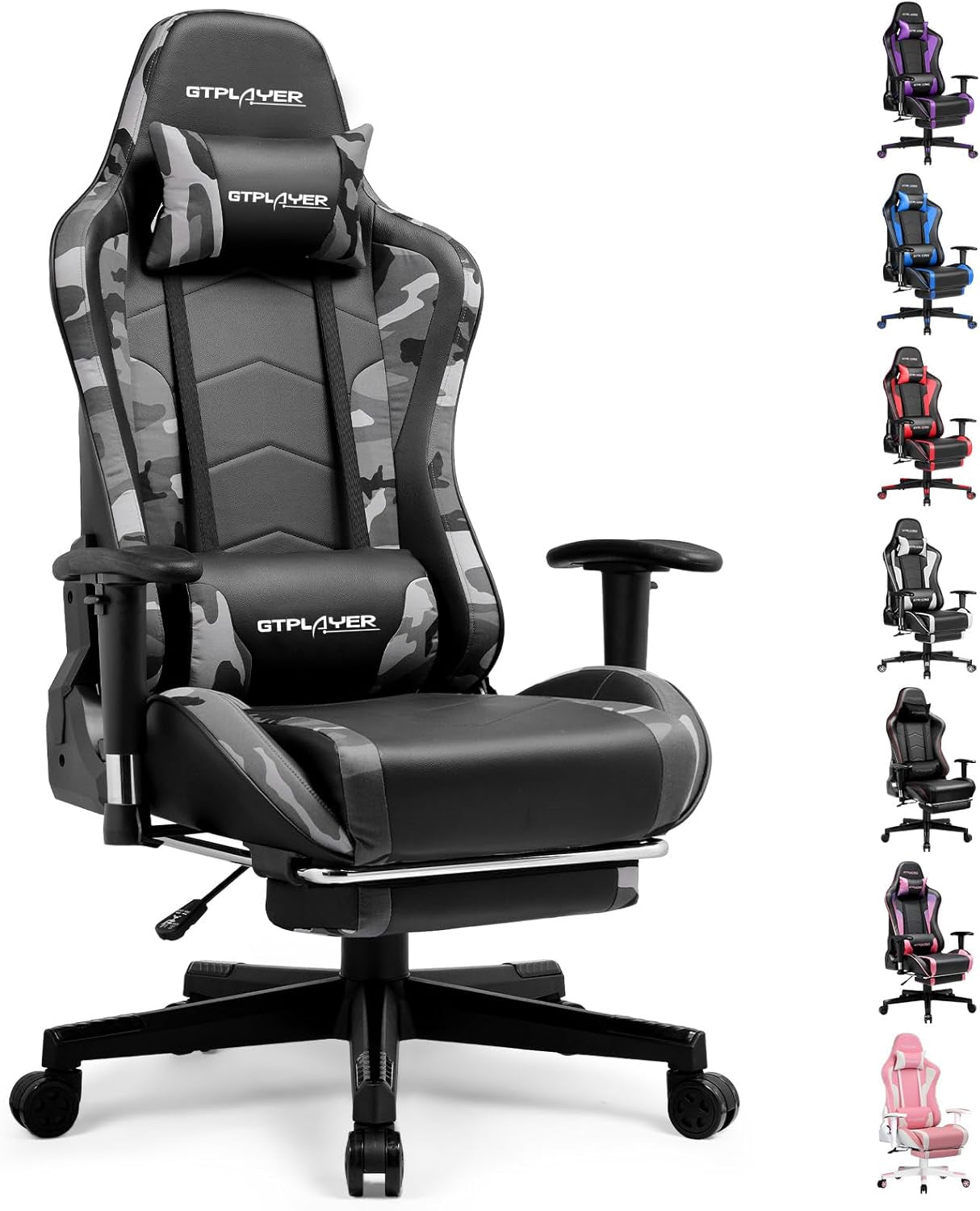 Black gaming chair with gray camouflage panels, retractable footrest and matching lumbar and head pillows.