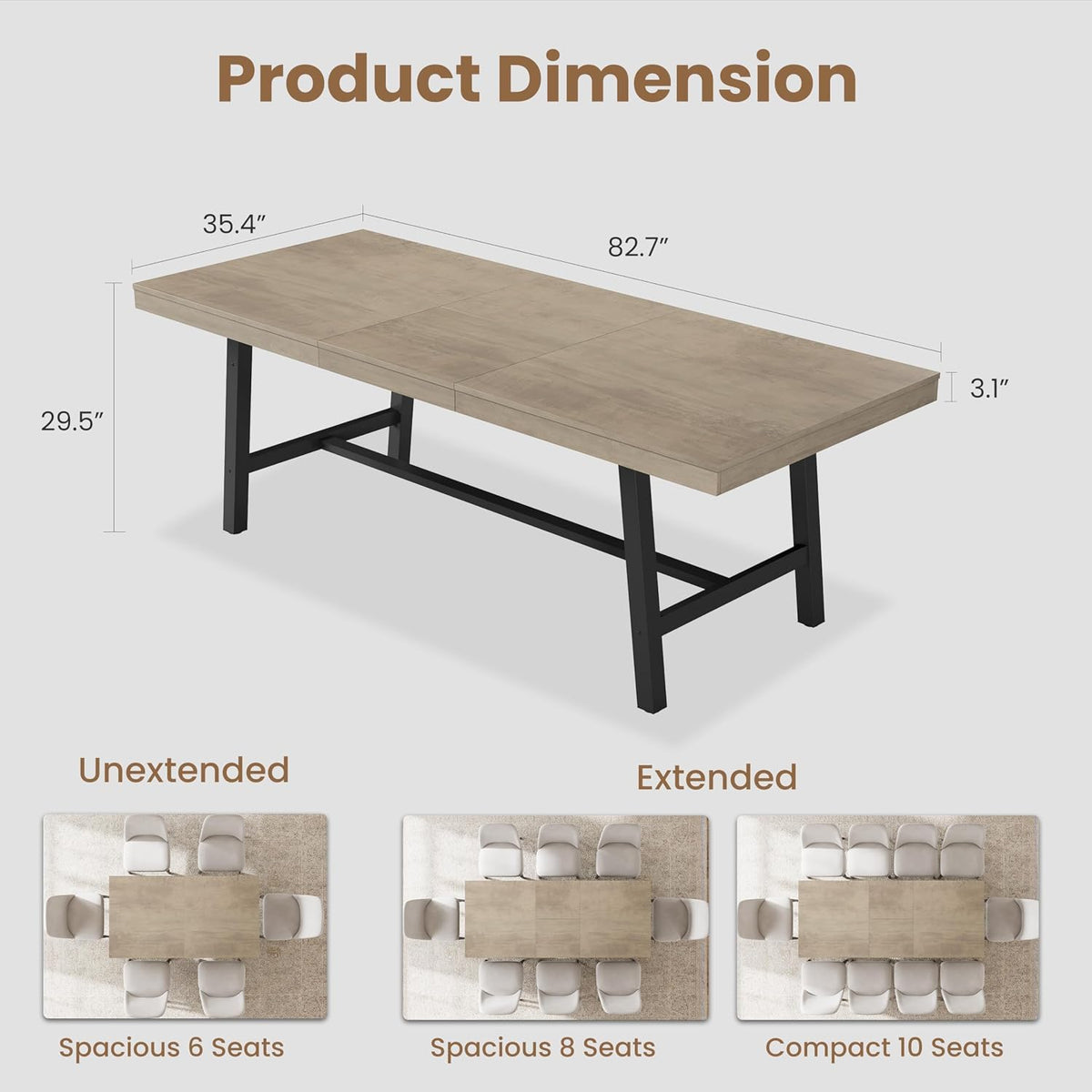 Light woodgrain laminate extendable table shown with dimension lines and measurements and black metal base