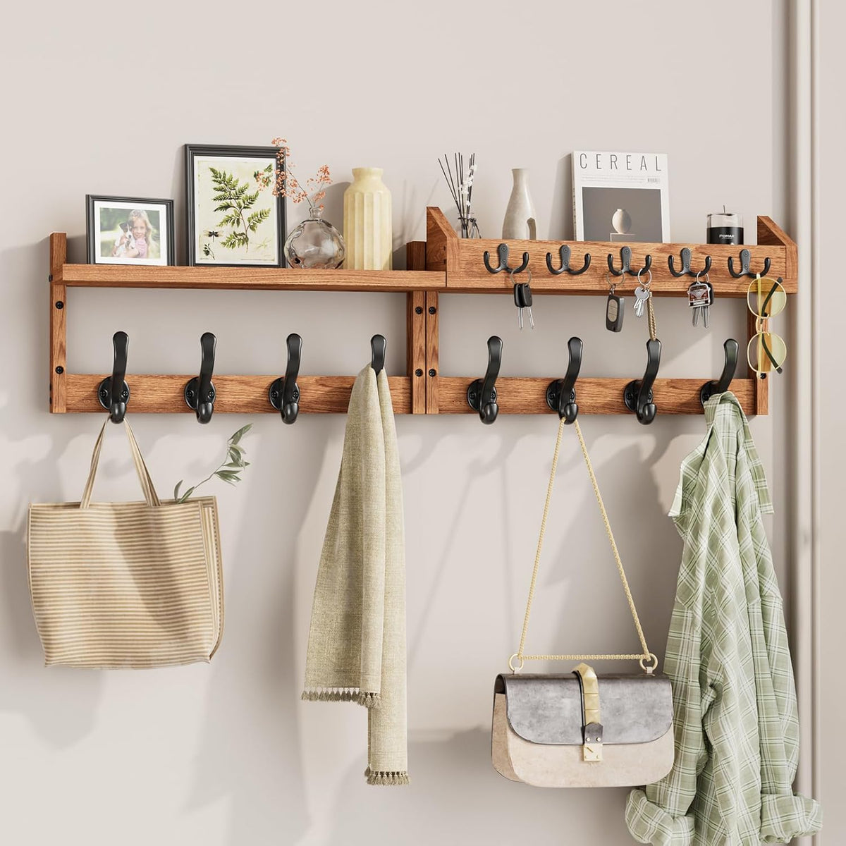 Right-side view of the wood wall rack with shelf, sunglasses on the end, keys and bags hanging beneath.