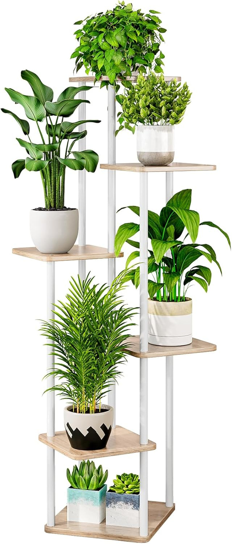 Full-height view of the same 5-tier stand with white metal posts and light wood shelves, staged with houseplants