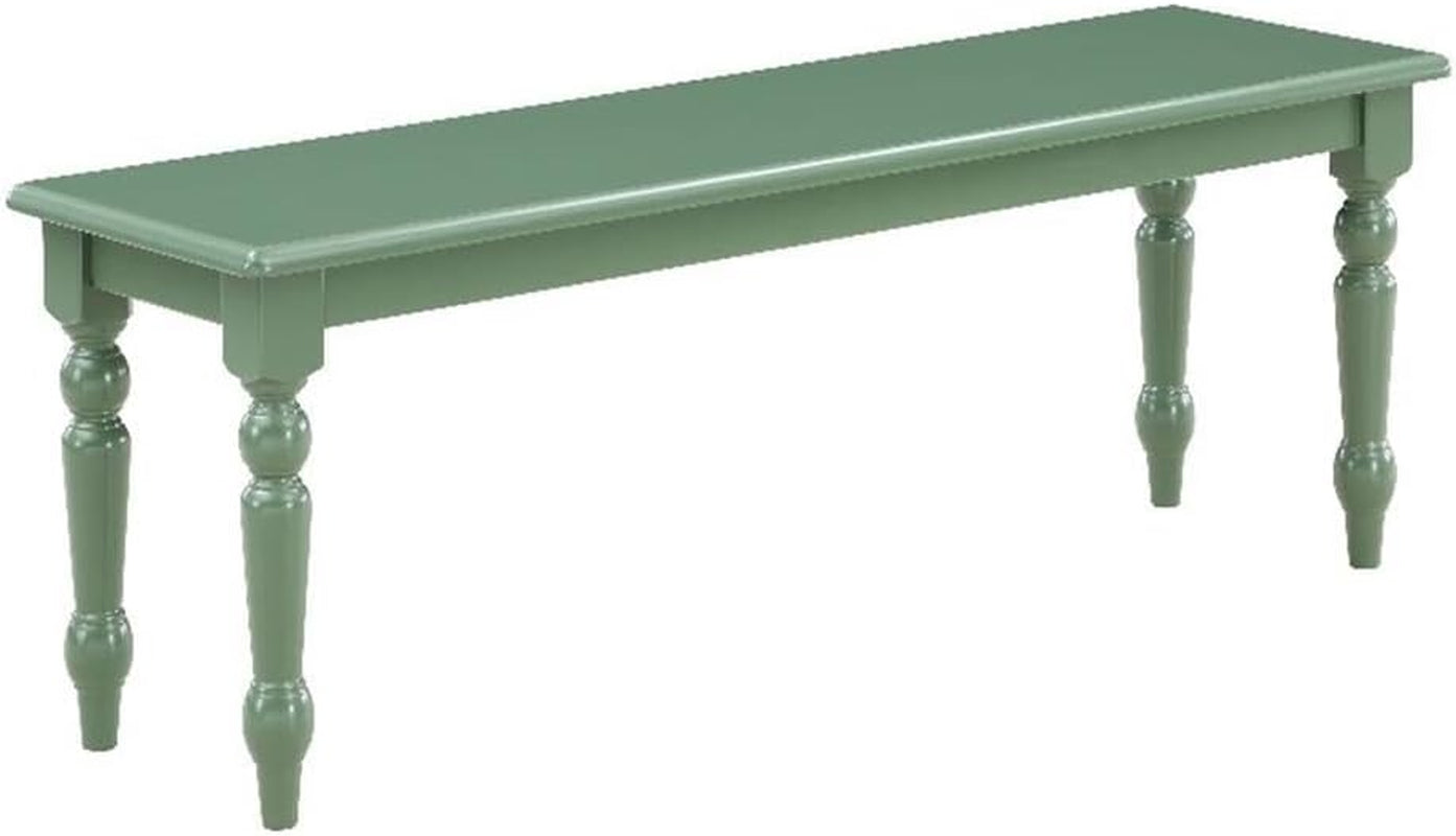 Green backless bench angled front view showing turned legs and full apron